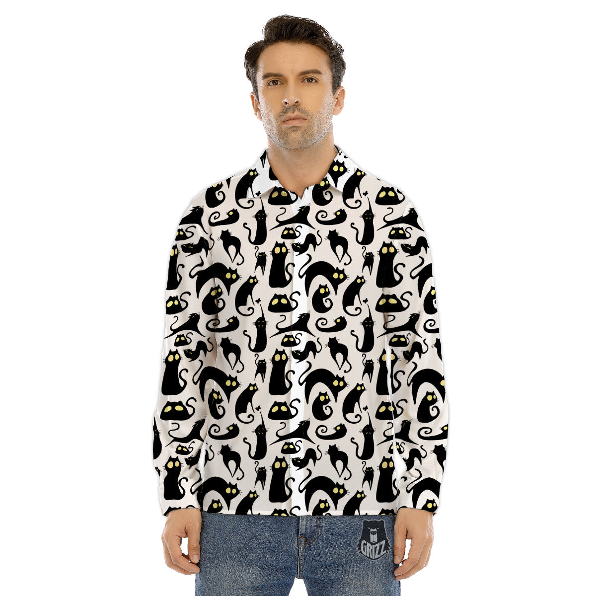 Big Eye Black Cat Halloween Print Pattern Men's Dress Shirts-grizzshop