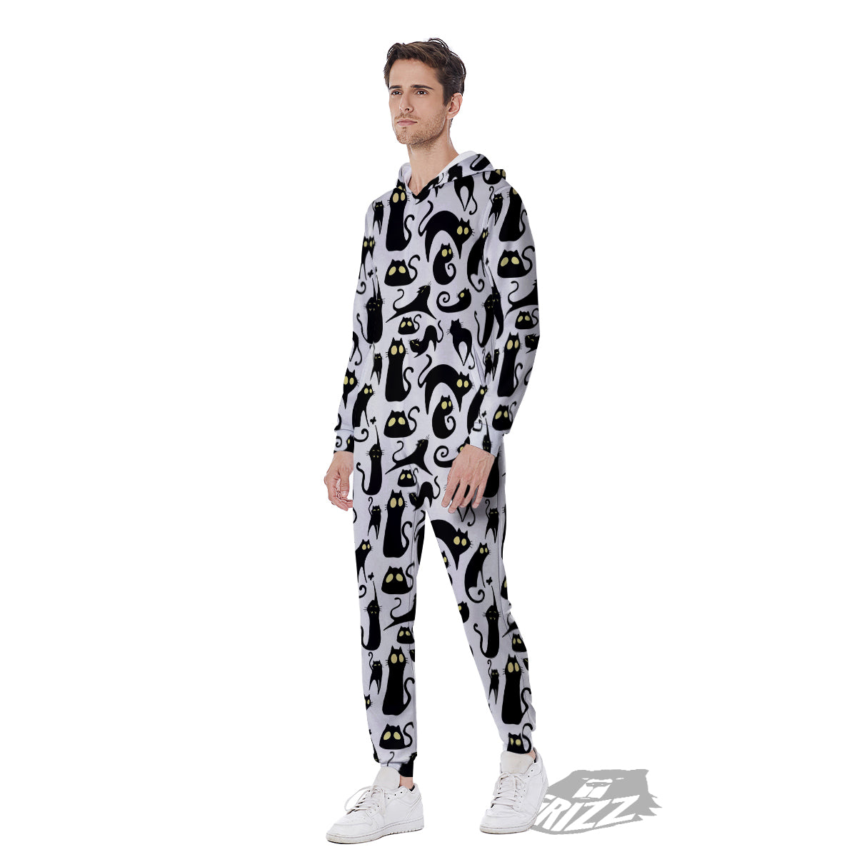 Big Eye Black Cat Halloween Print Pattern Men's Jumpsuit-grizzshop