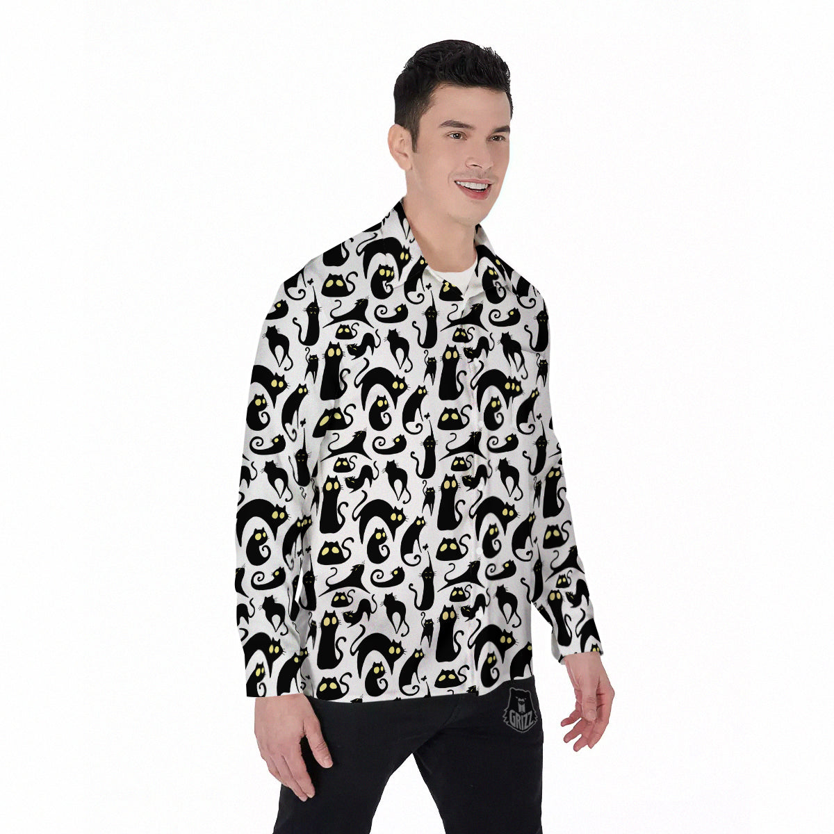 Big Eye Black Cat Halloween Print Pattern Men's Long Sleeve Shirts-grizzshop