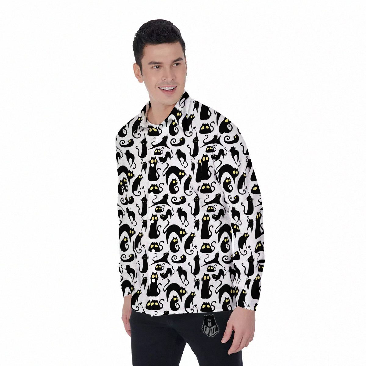 Big Eye Black Cat Halloween Print Pattern Men's Long Sleeve Shirts-grizzshop
