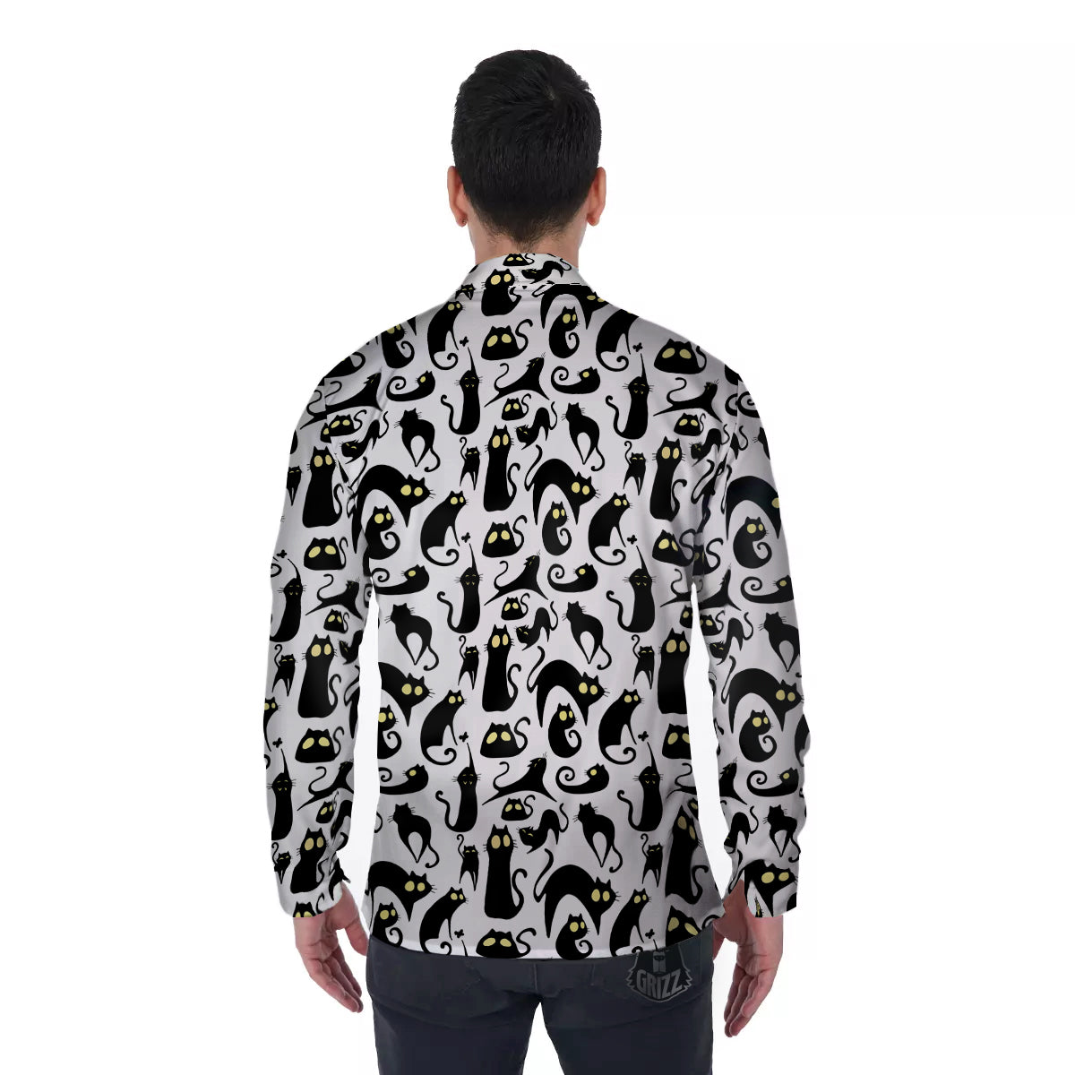 Big Eye Black Cat Halloween Print Pattern Men's Long Sleeve Shirts-grizzshop
