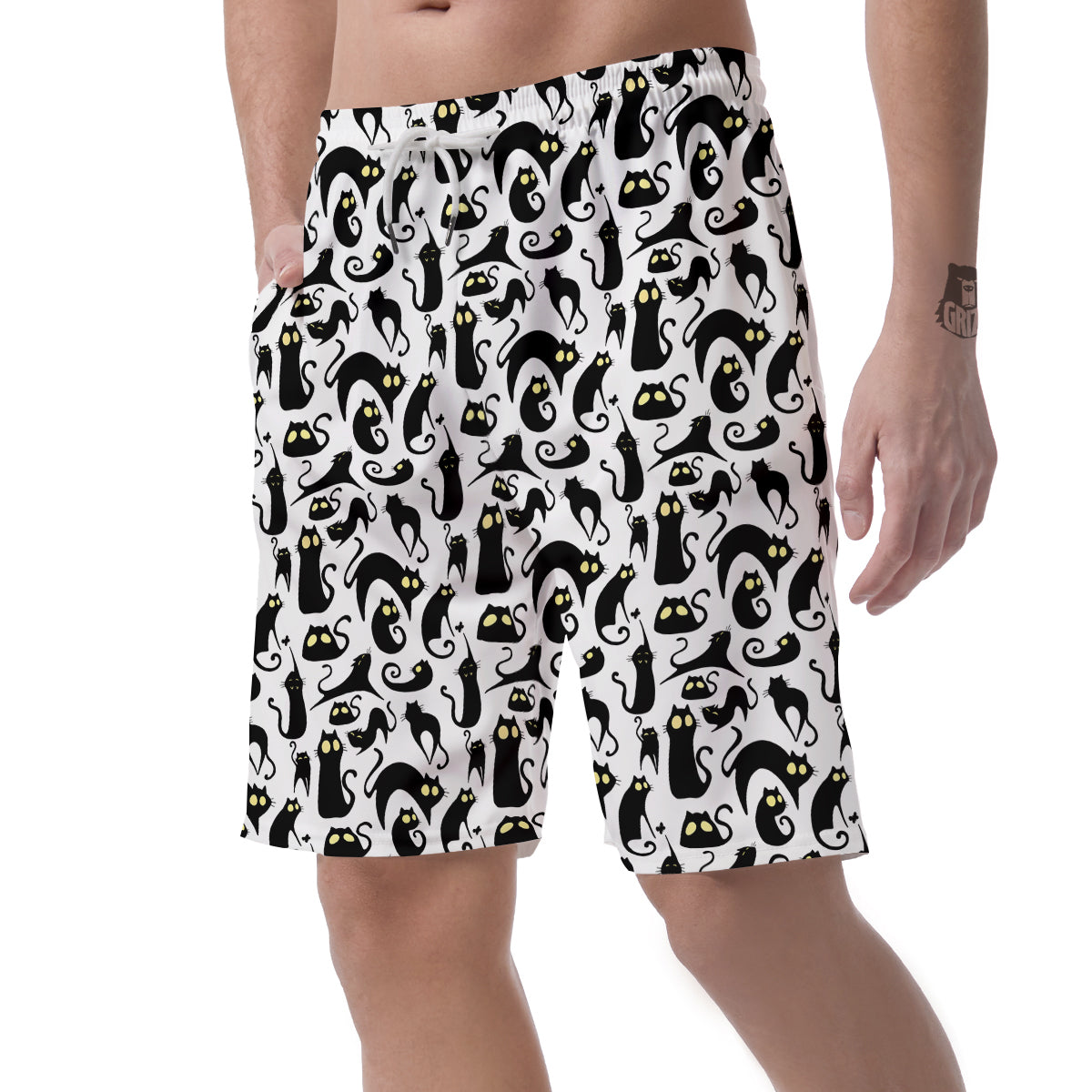 Big Eye Black Cat Halloween Print Pattern Men's Shorts-grizzshop