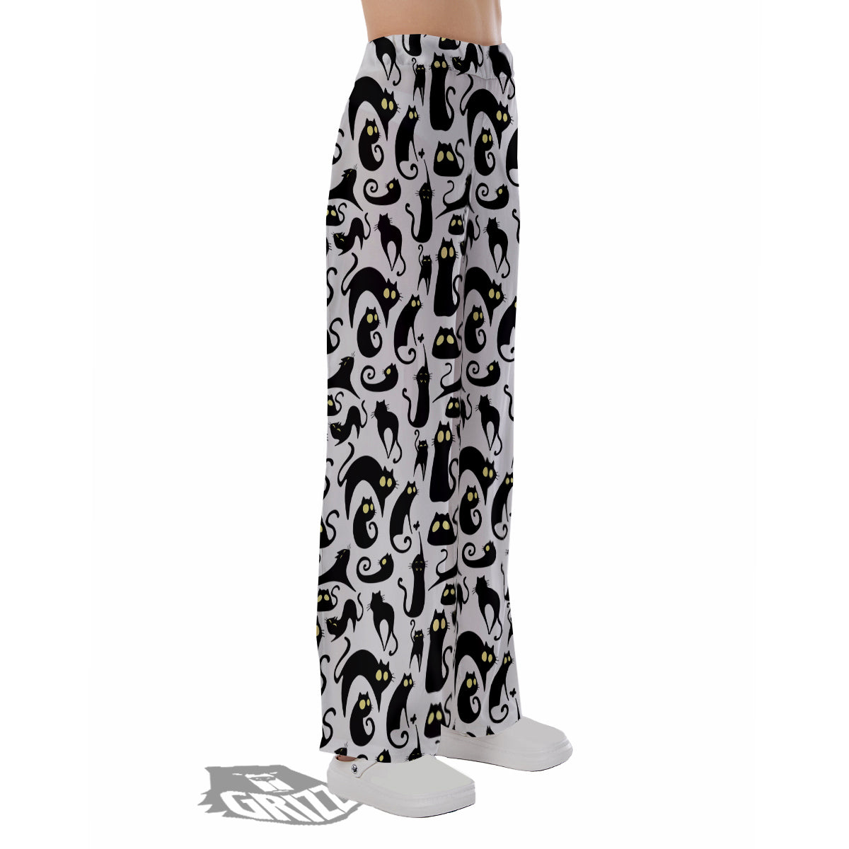 Big Eye Black Cat Halloween Print Pattern Pajama Pants-grizzshop