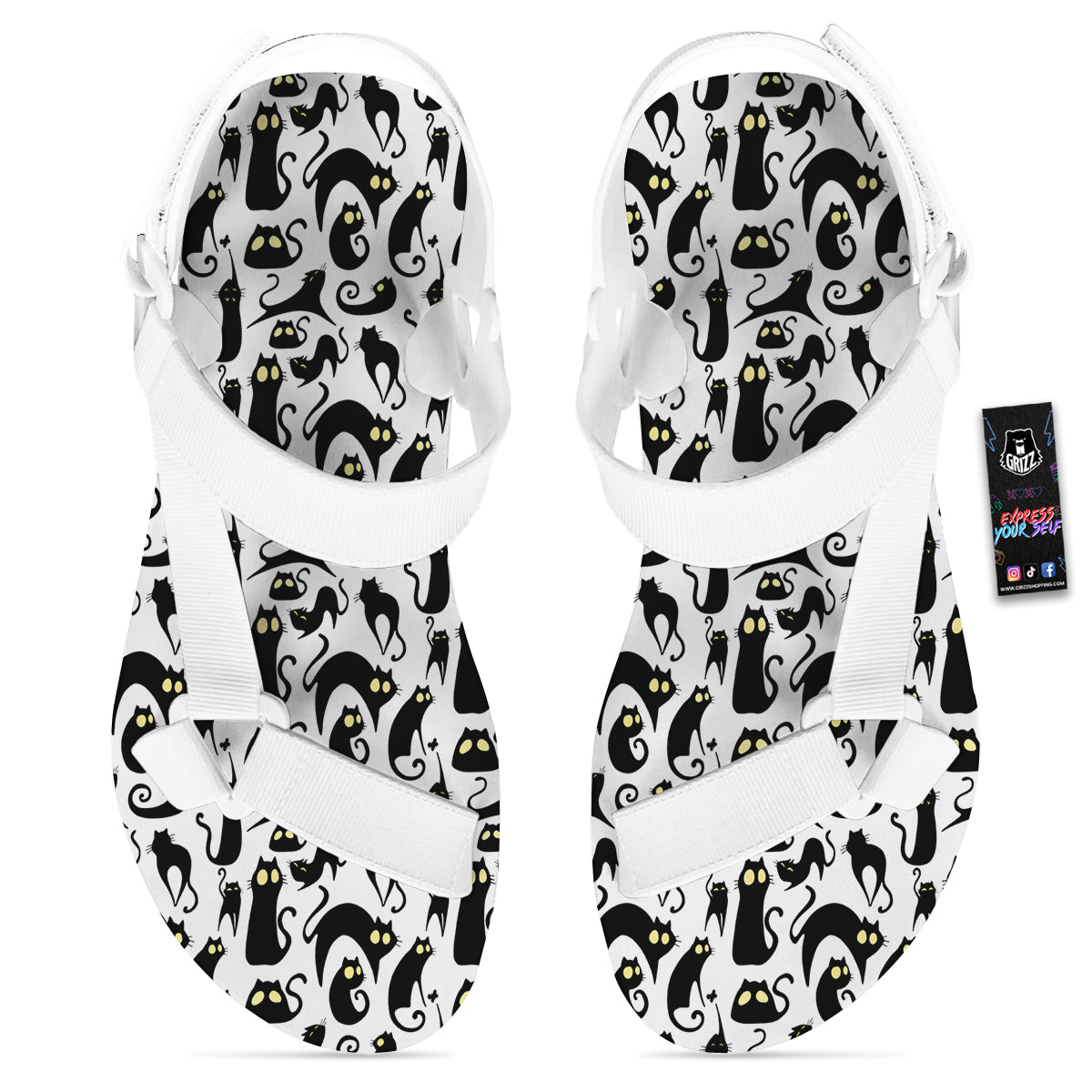 Big Eye Black Cat Halloween Print Pattern White Open Toe Sandals-grizzshop