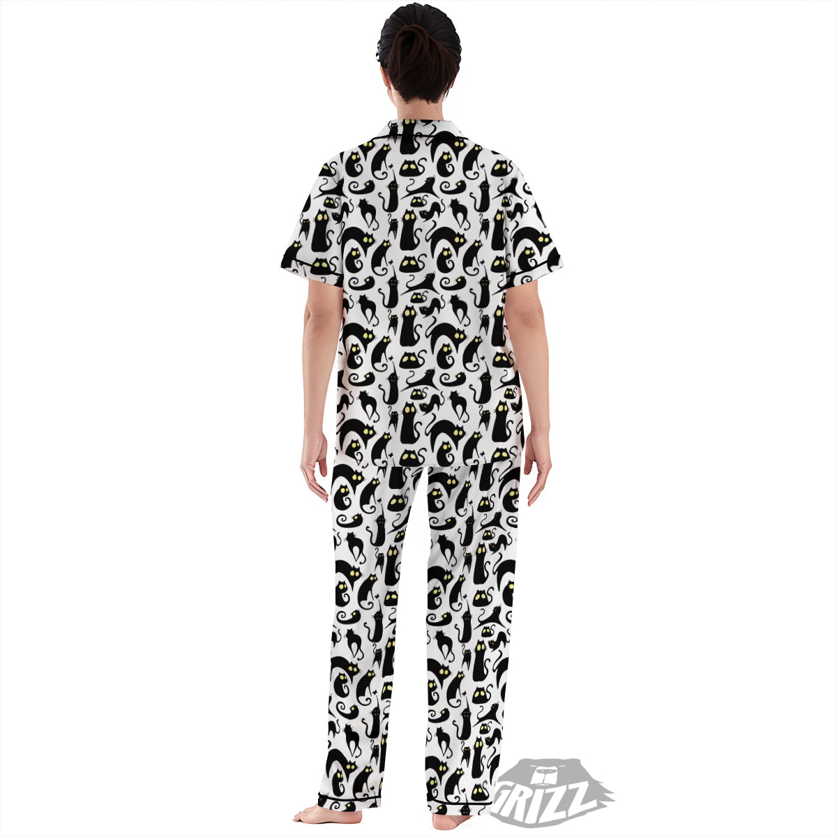 Big Eye Black Cat Halloween Print Pattern Women's Pajamas Set-grizzshop