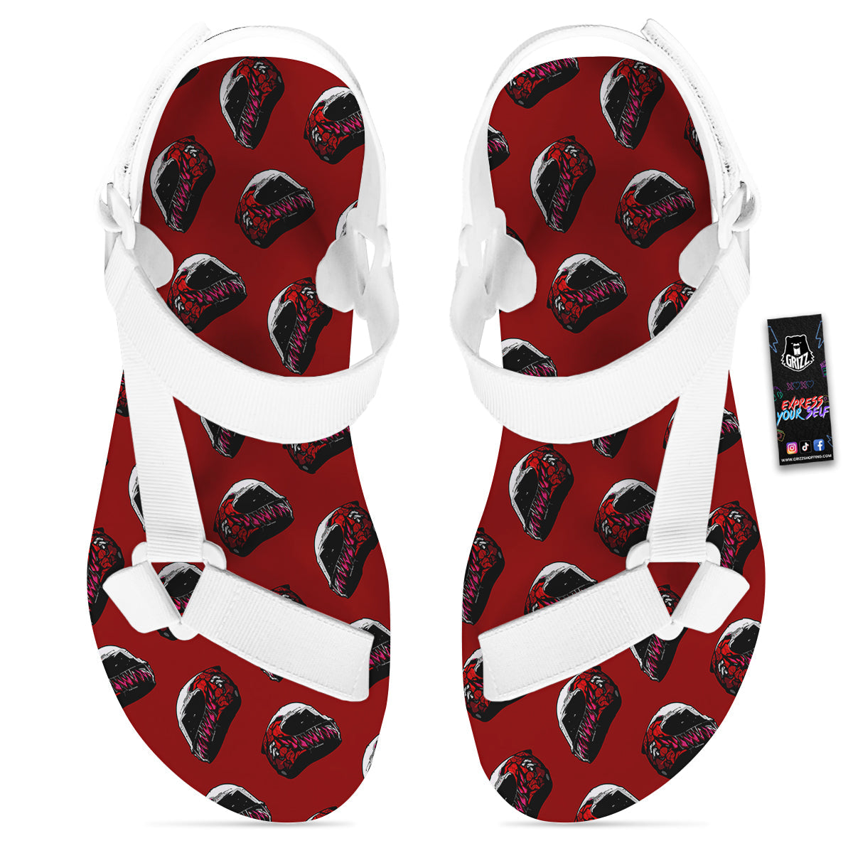 Biker Helmet Devil Print Pattern White Open Toe Sandals-grizzshop