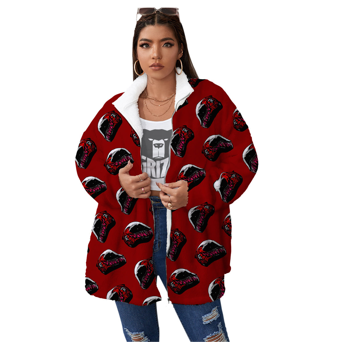 Biker Helmet Devil Print Pattern Women's Sherpa Jacket-grizzshop