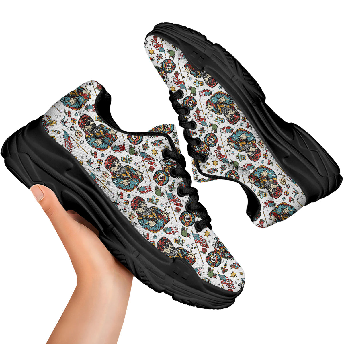 Bikers Old School Tattoo Print Pattern Black Chunky Shoes-grizzshop