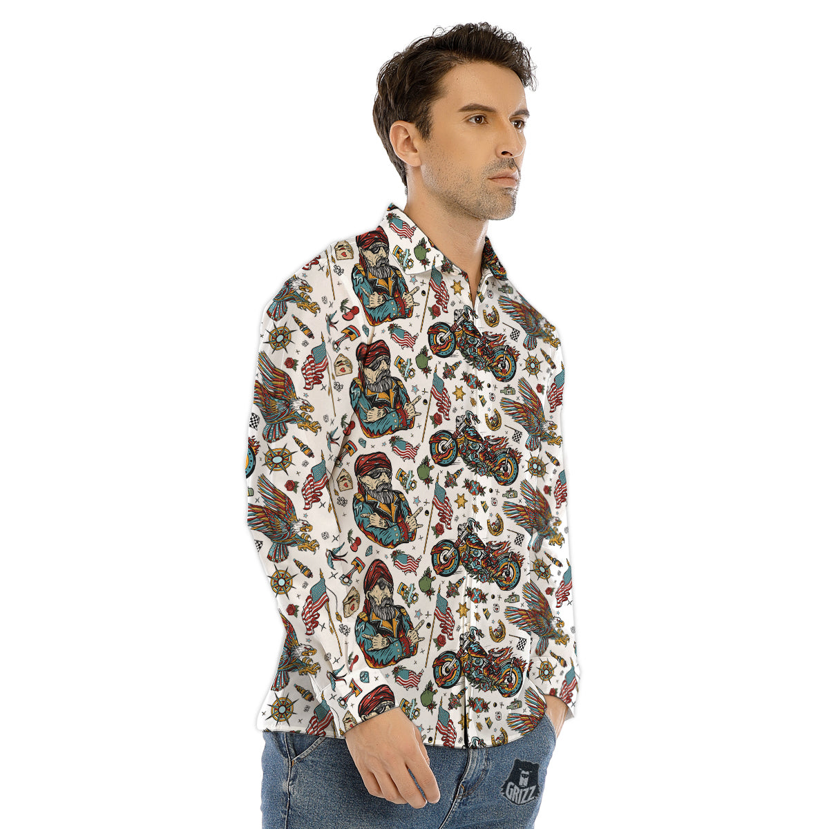 Bikers Old School Tattoo Print Pattern Men's Dress Shirts-grizzshop