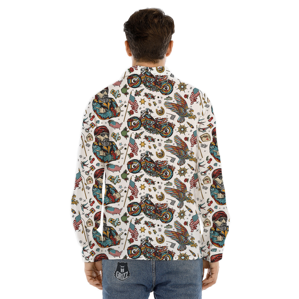 Bikers Old School Tattoo Print Pattern Men's Dress Shirts-grizzshop