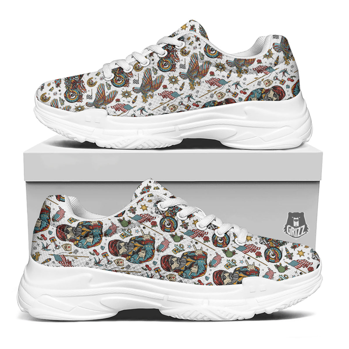 Bikers Old School Tattoo Print Pattern White Chunky Shoes-grizzshop