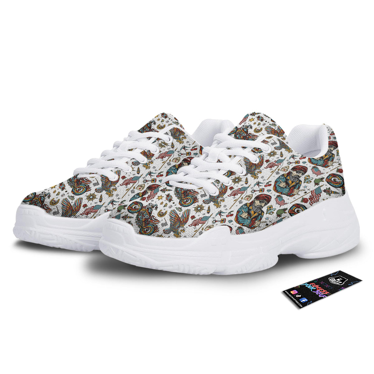 Bikers Old School Tattoo Print Pattern White Chunky Shoes-grizzshop