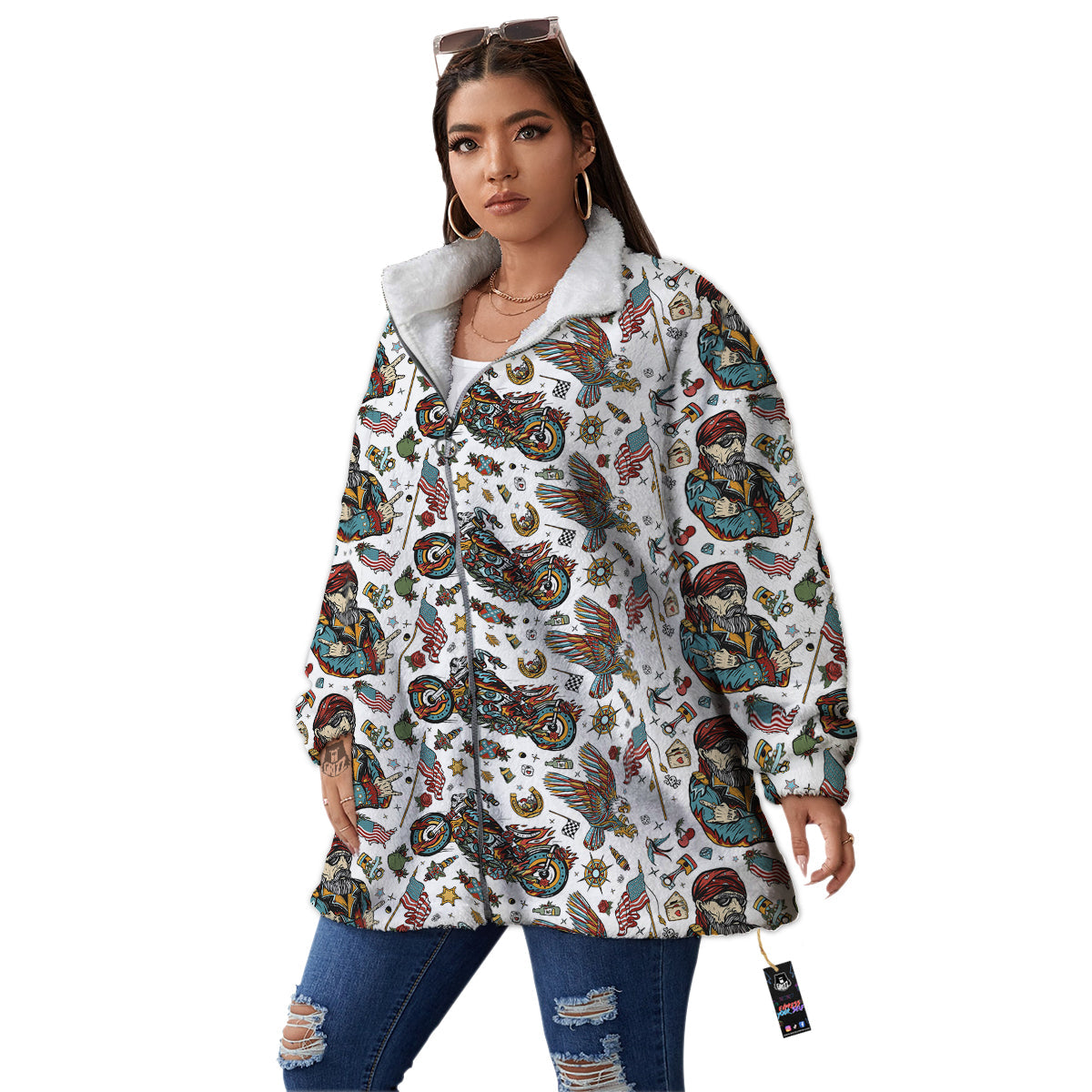 Bikers Old School Tattoo Print Pattern Women's Sherpa Jacket-grizzshop