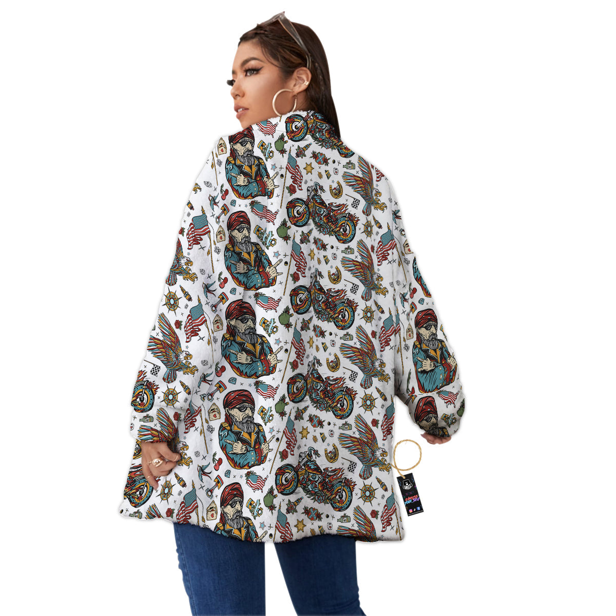 Bikers Old School Tattoo Print Pattern Women's Sherpa Jacket-grizzshop