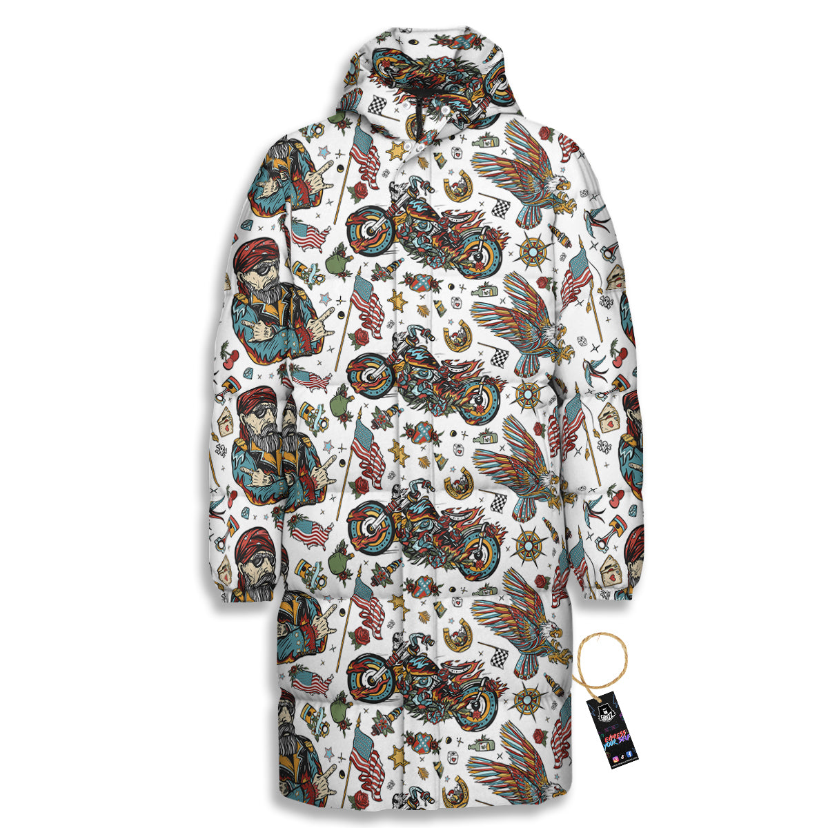 Bikers Old School Tattoo Print Pattern Long Down Jacket