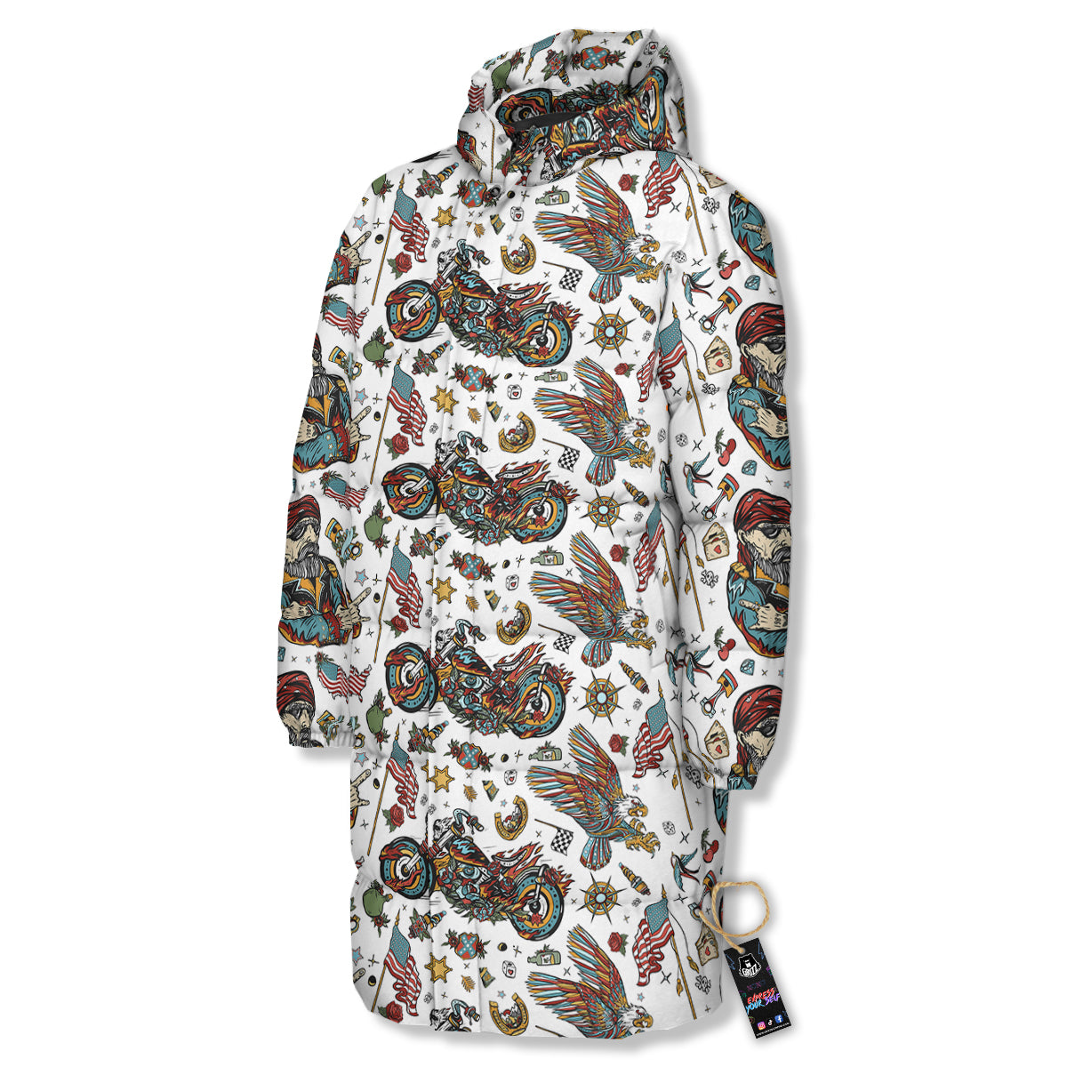 Bikers Old School Tattoo Print Pattern Long Down Jacket