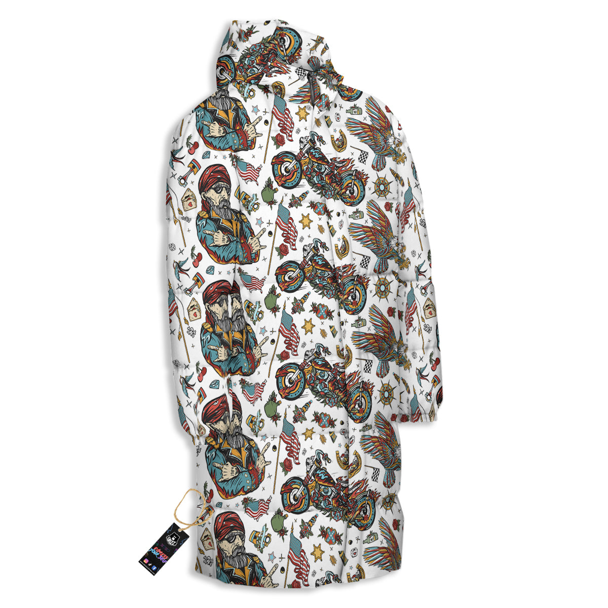 Bikers Old School Tattoo Print Pattern Long Down Jacket