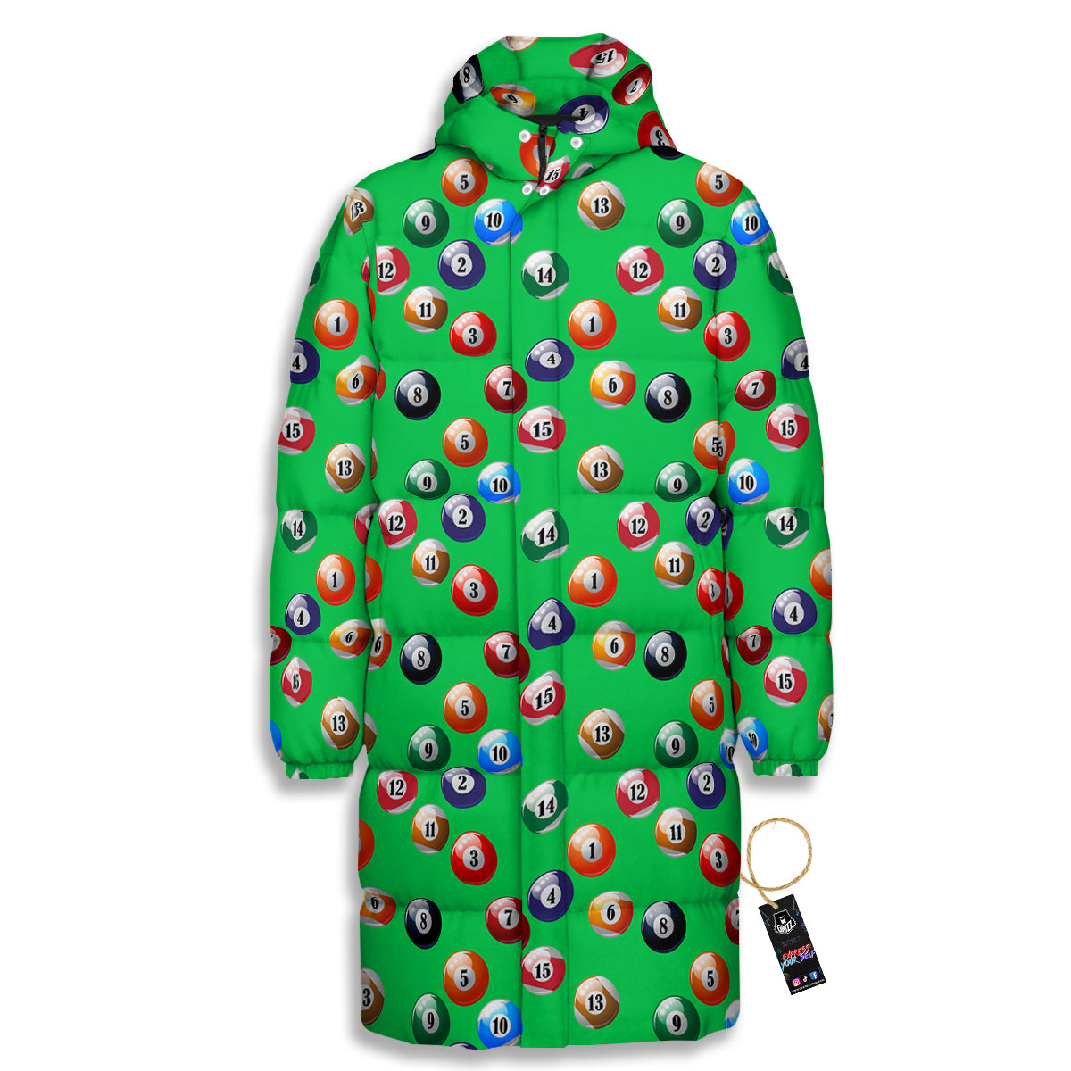 Billiard Ball Green Print Pattern Long Down Jacket-grizzshop