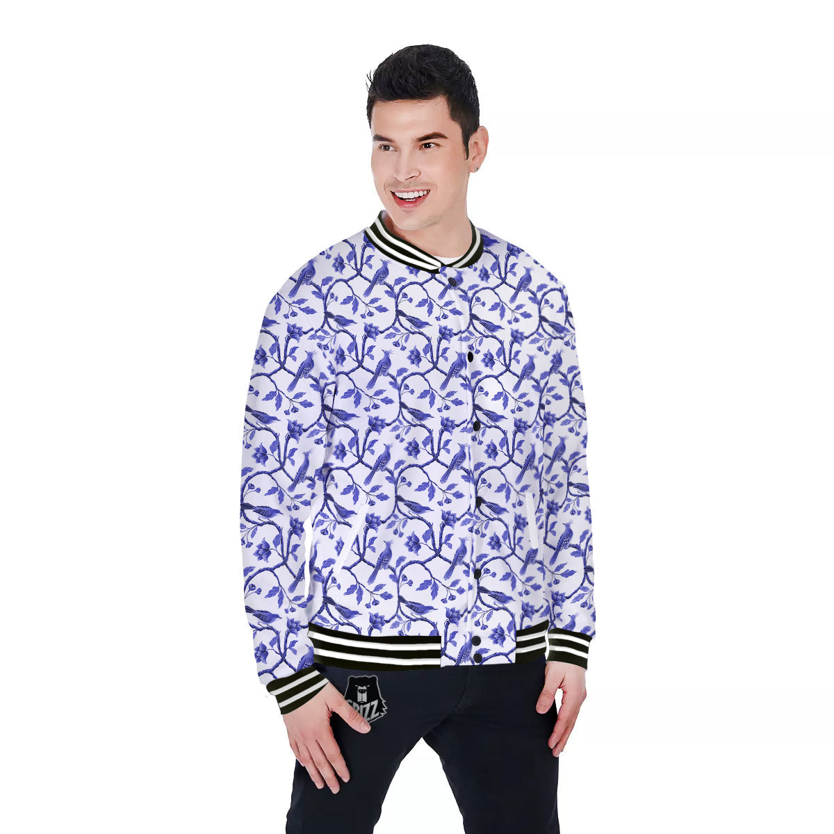 Bird Chinoiserie Print Pattern Baseball Jacket-grizzshop