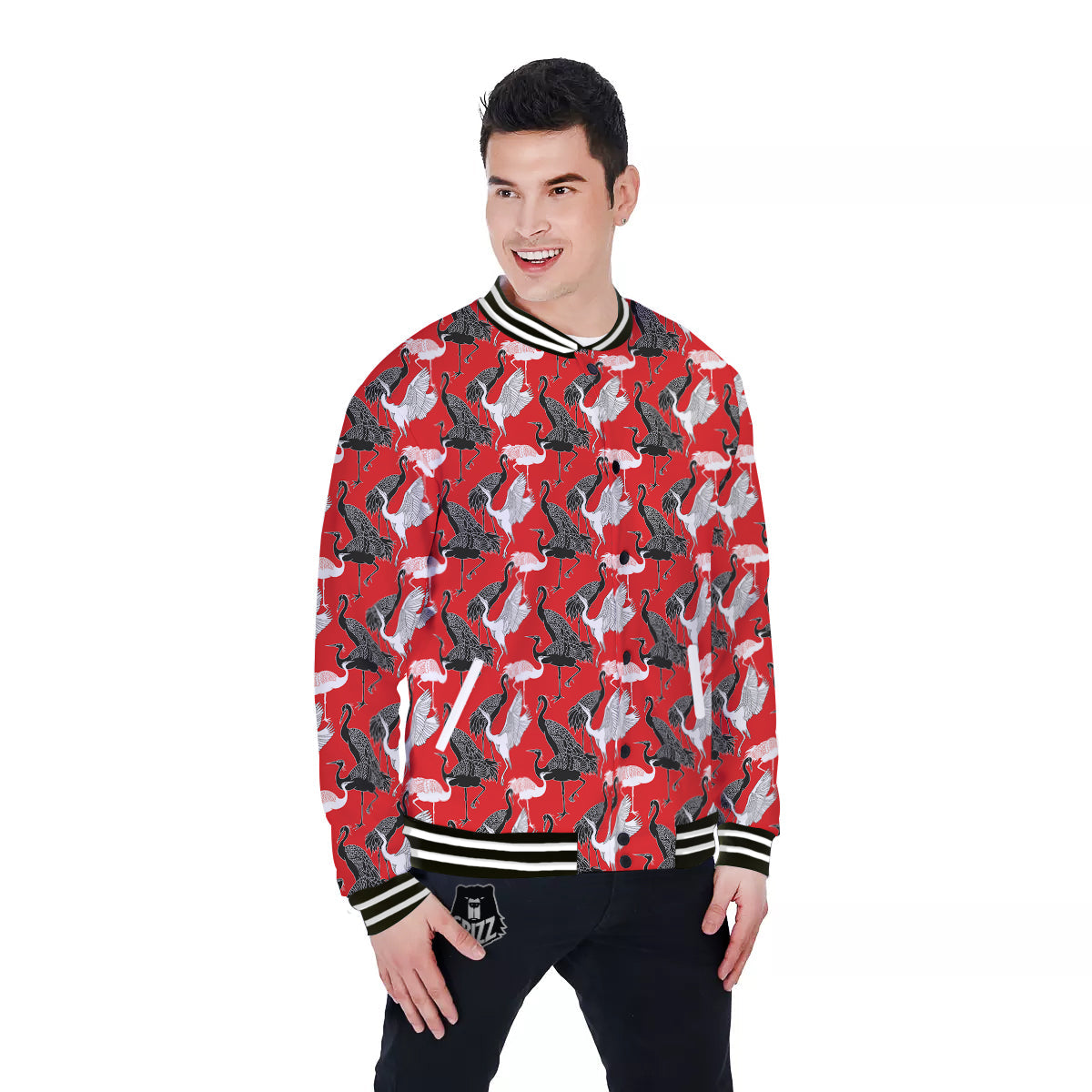 Bird Crane Print Pattern Baseball Jacket-grizzshop