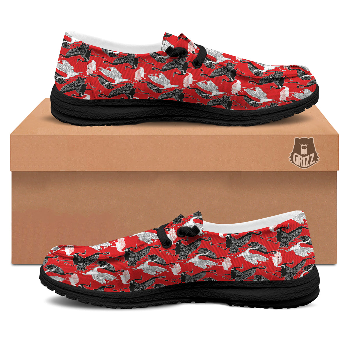 Bird Crane Print Pattern Black Loafers-grizzshop