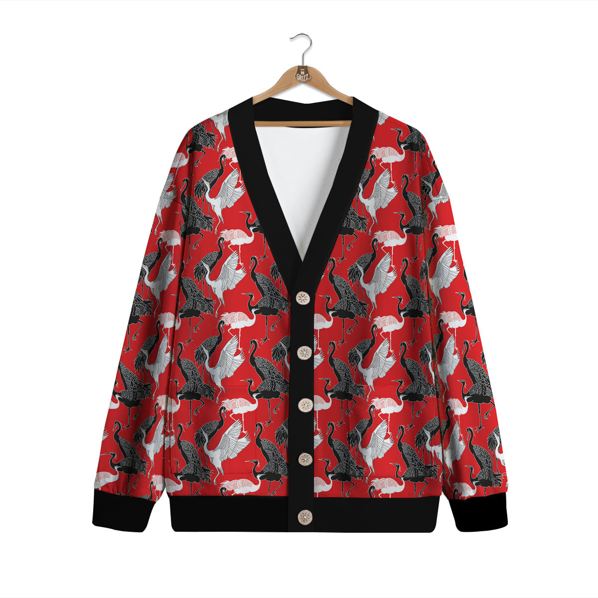 Bird Crane Print Pattern Cardigan-grizzshop