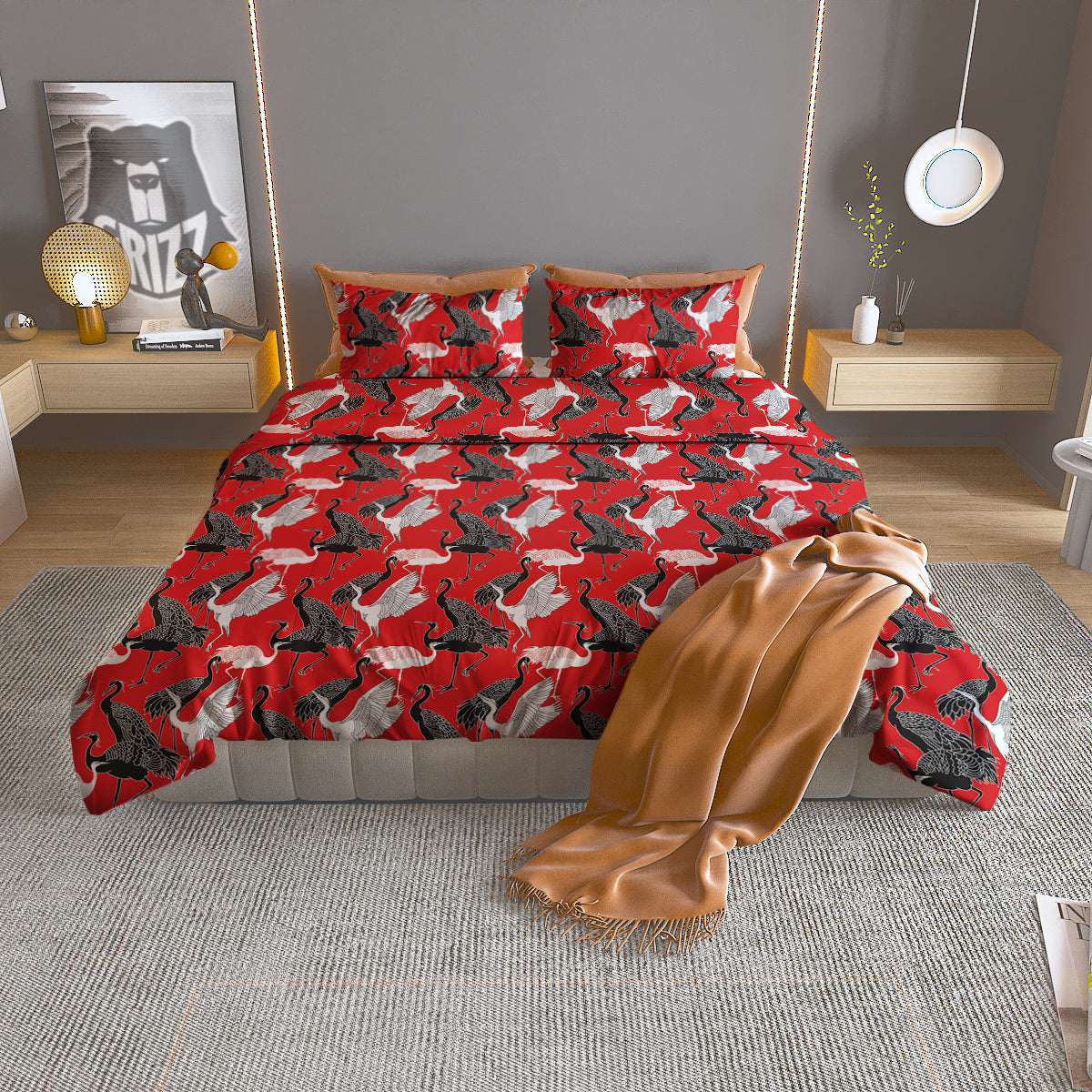 Bird Crane Print Pattern Duvet Cover Bedding Set-grizzshop