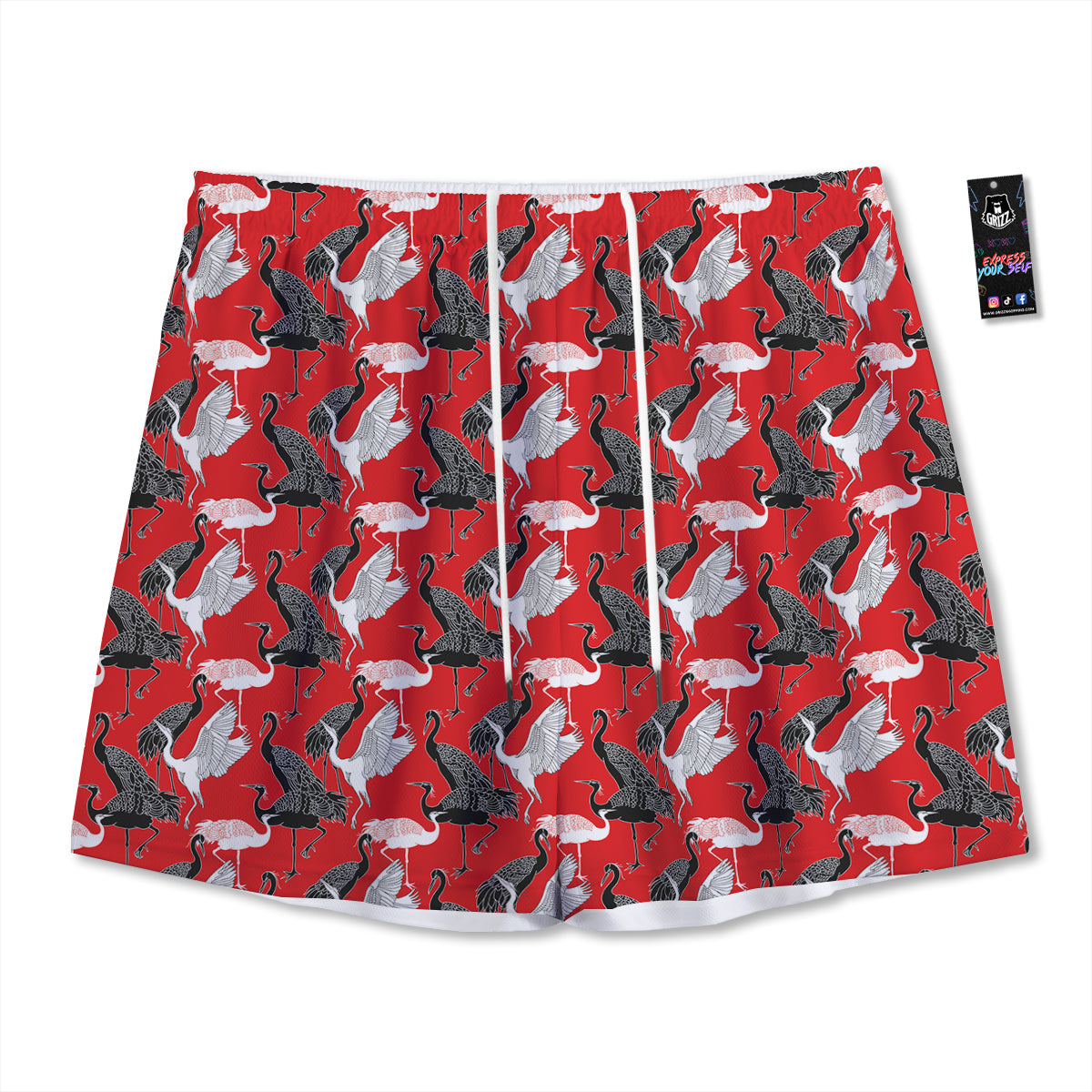 Bird Crane Print Pattern Mesh Shorts-grizzshop