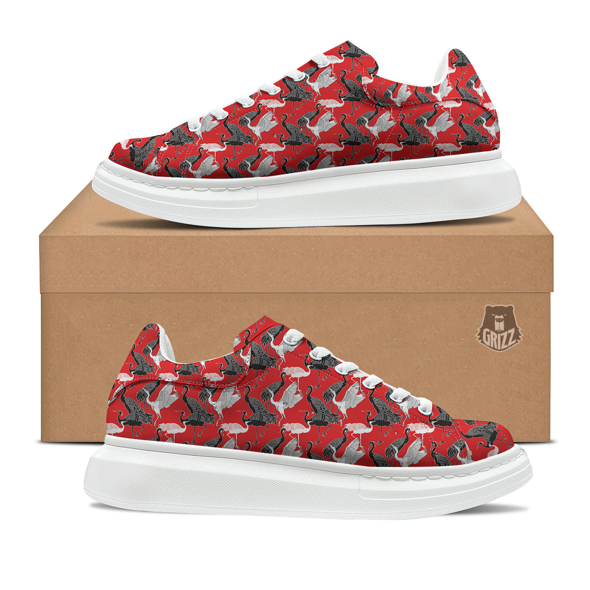 Bird Crane Print Pattern Platform Shoes-grizzshop