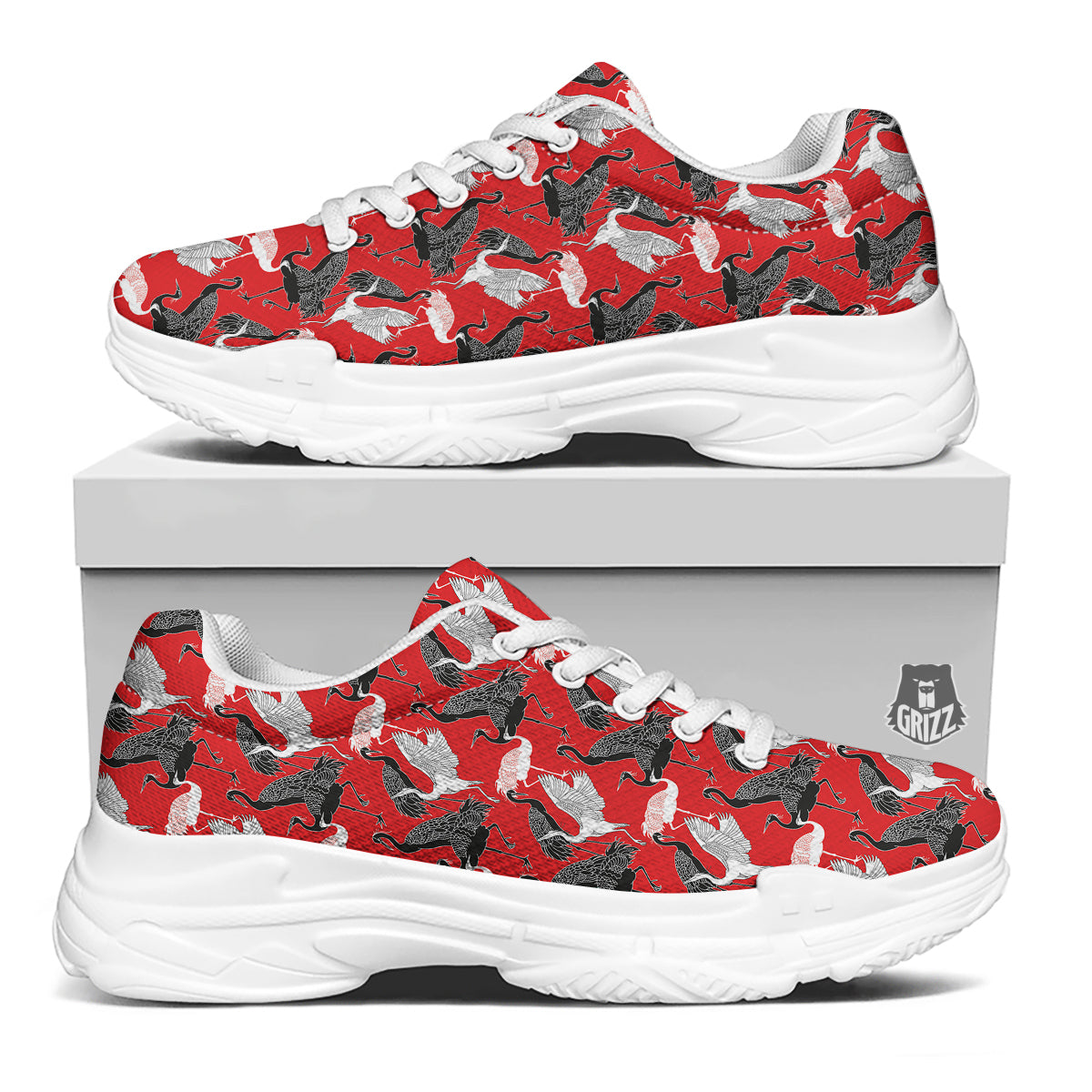 Bird Crane Print Pattern White Chunky Shoes-grizzshop