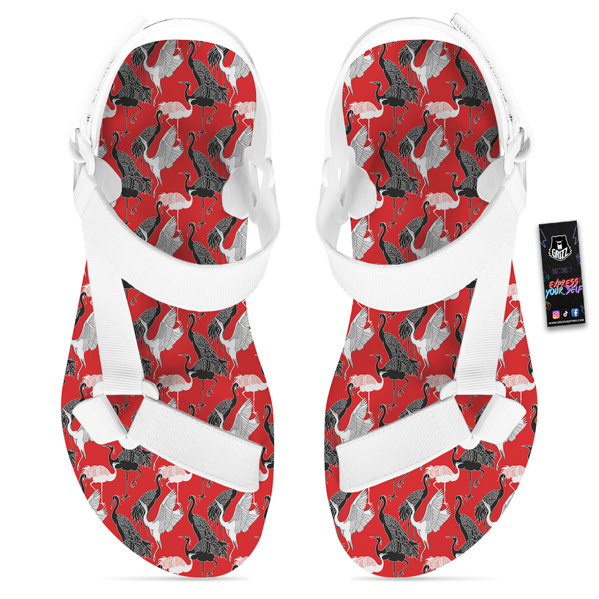 Bird Crane Print Pattern White Open Toe Sandals-grizzshop