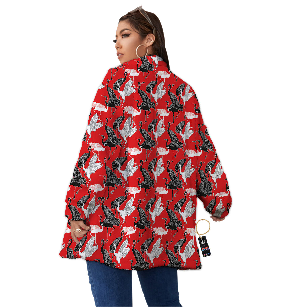 Bird Crane Print Pattern Women's Sherpa Jacket-grizzshop