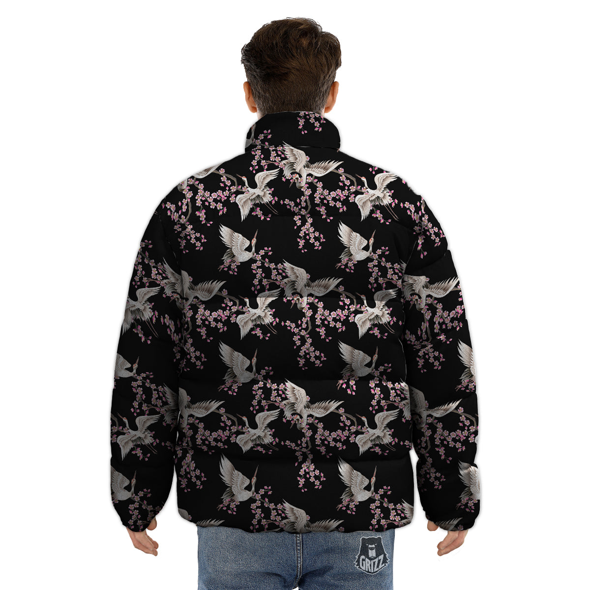 Bird Crane Watercolor Print Pattern Puffer Jacket-grizzshop