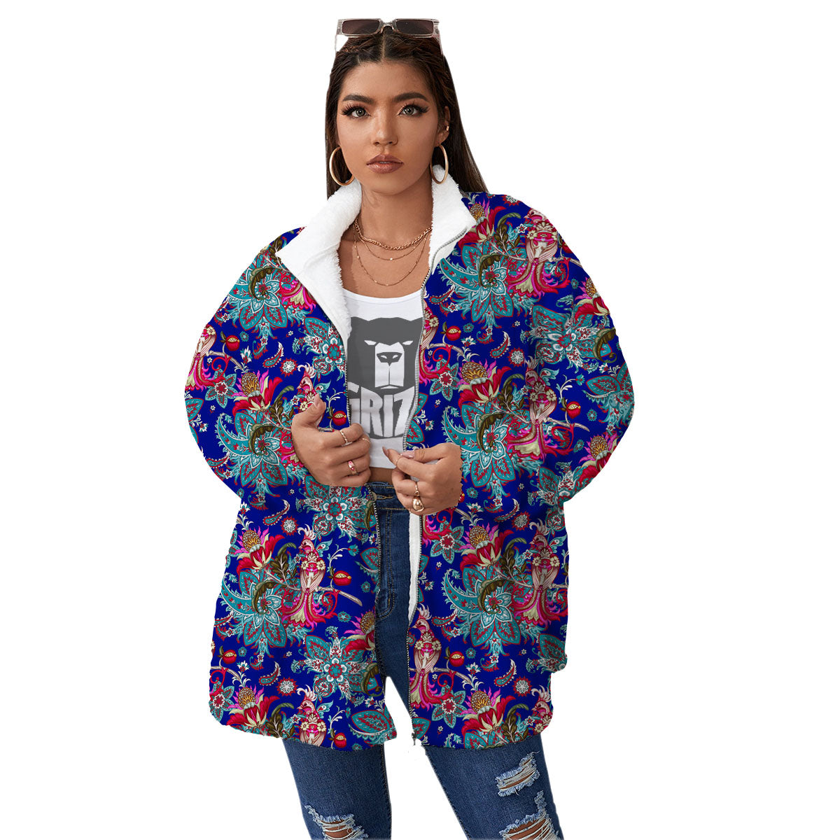 Bird Of Paradise Ethnic Print Pattern Women's Sherpa Jacket-grizzshop