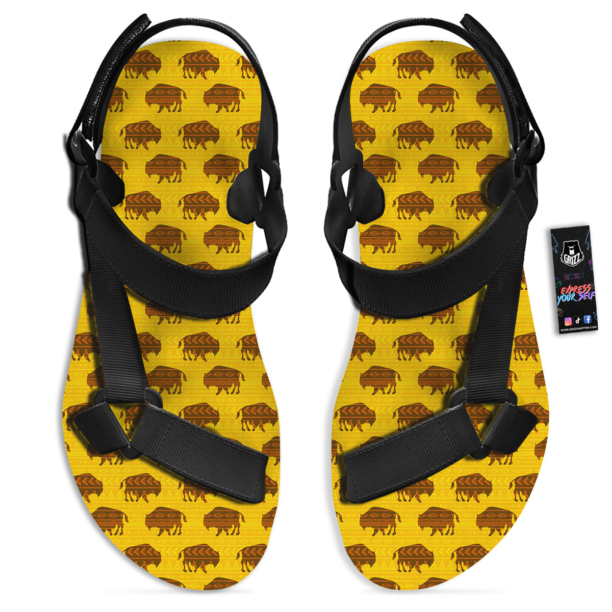 Bison Aztec Print Pattern Black Open Toe Sandals-grizzshop