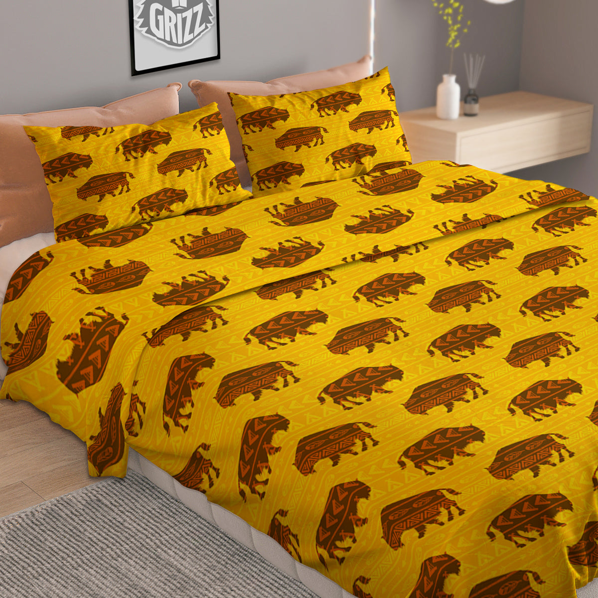 Bison Aztec Print Pattern Duvet Cover Bedding Set-grizzshop