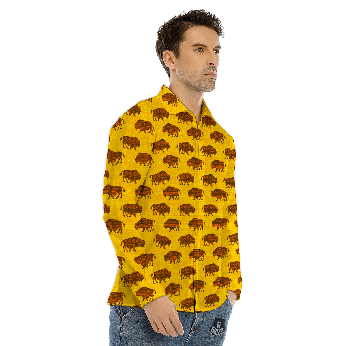 Bison Aztec Print Pattern Men's Dress Shirts-grizzshop