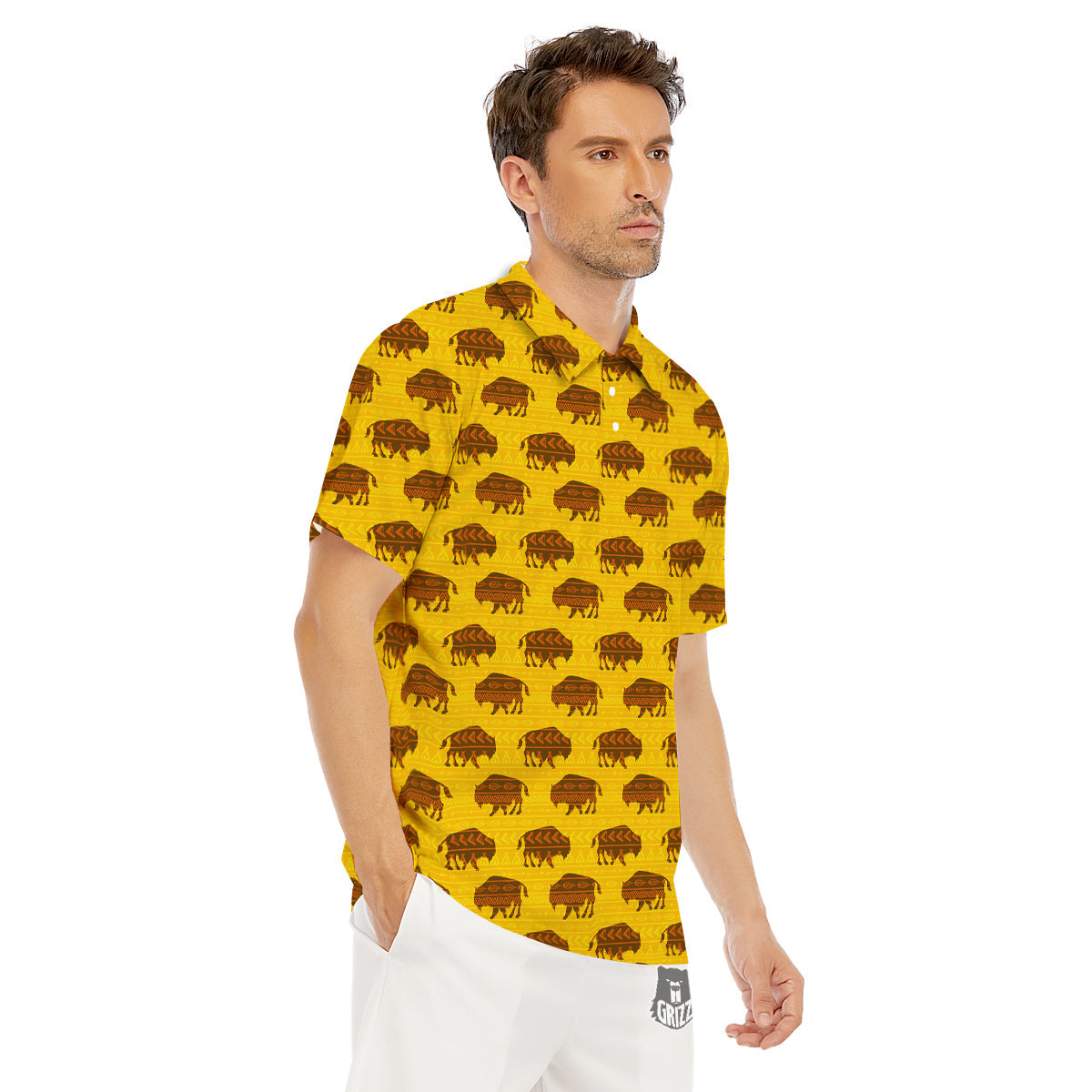 Bison Aztec Print Pattern Men's Golf Shirts-grizzshop
