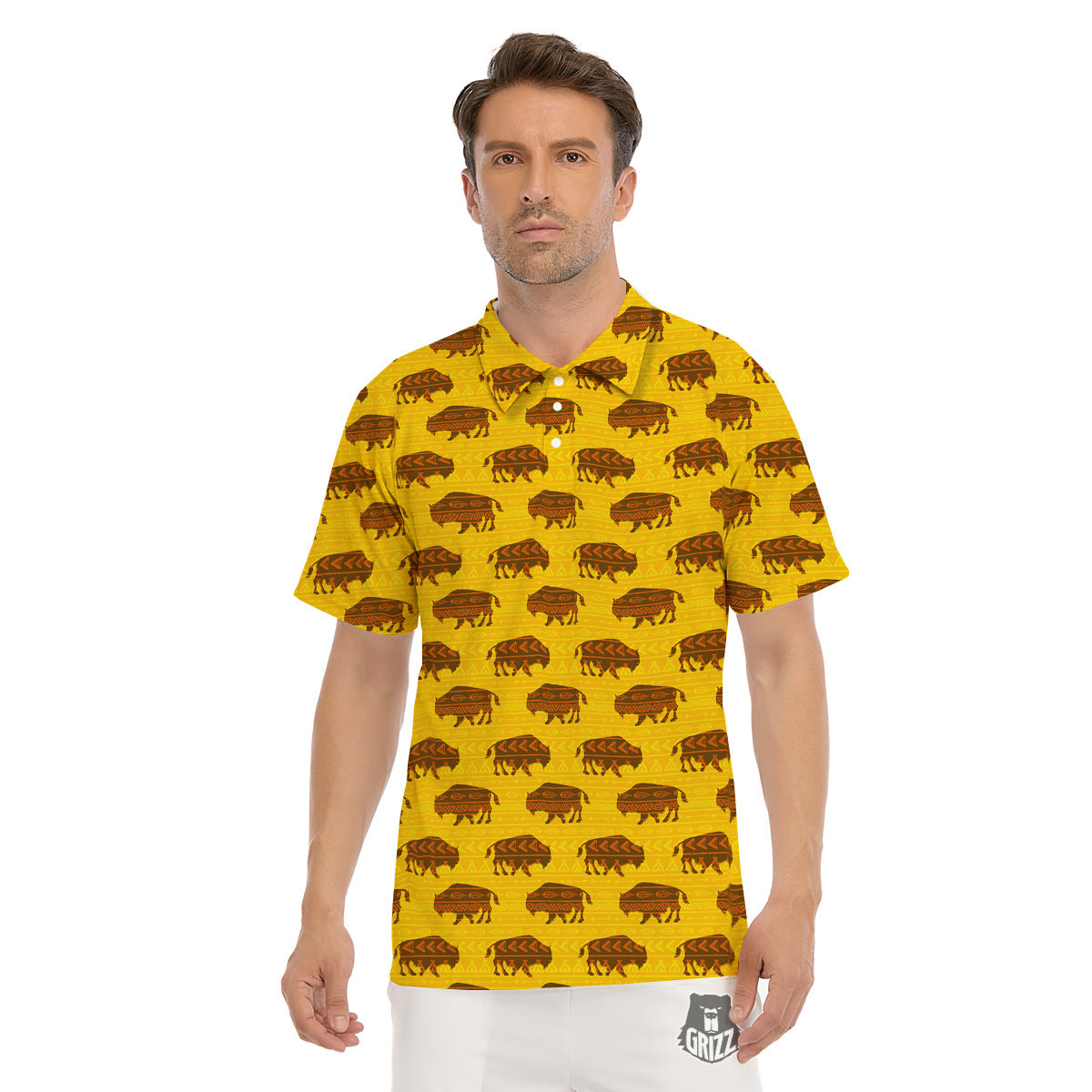Bison Aztec Print Pattern Men's Golf Shirts-grizzshop