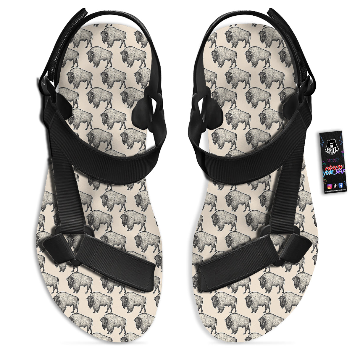 Bison Beige Print Pattern Black Open Toe Sandals-grizzshop