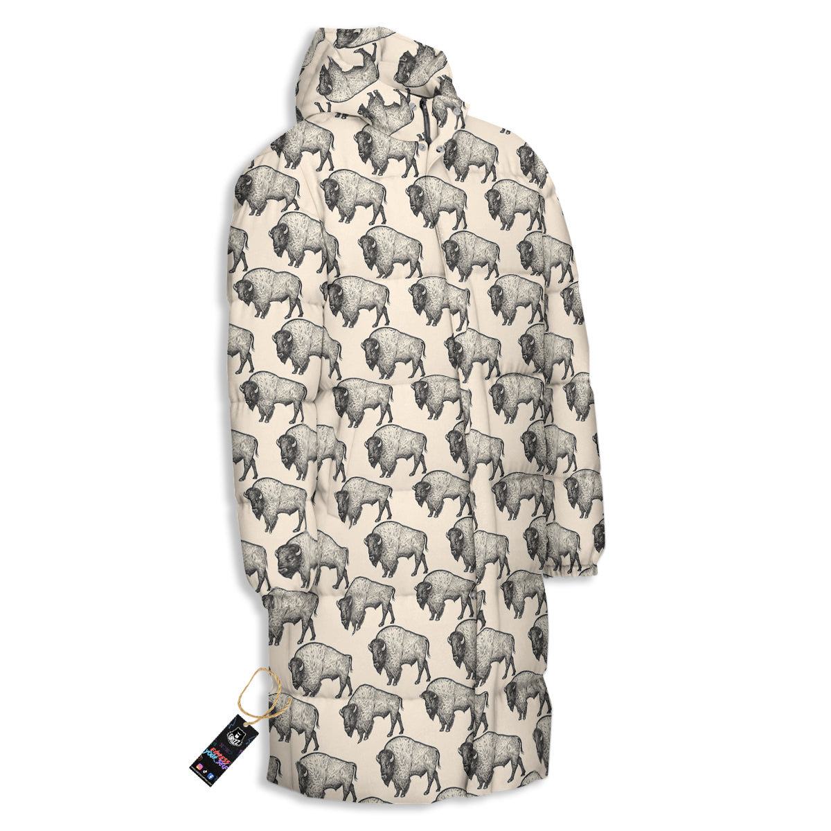 Bison Beige Print Pattern Long Down Jacket-grizzshop