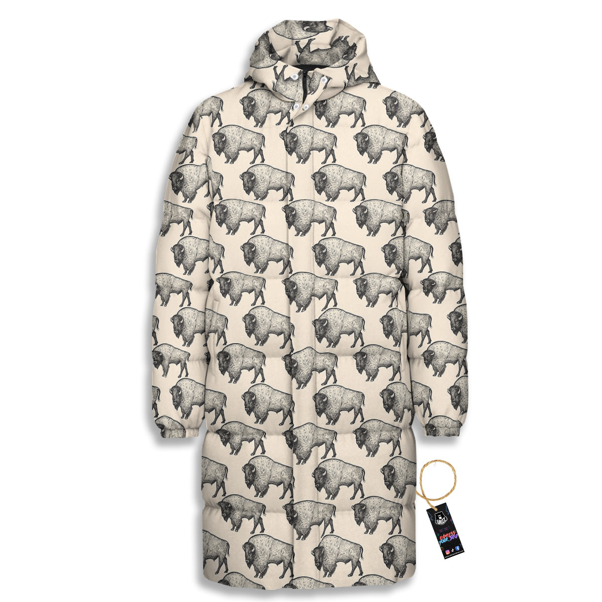 Bison Beige Print Pattern Long Down Jacket-grizzshop