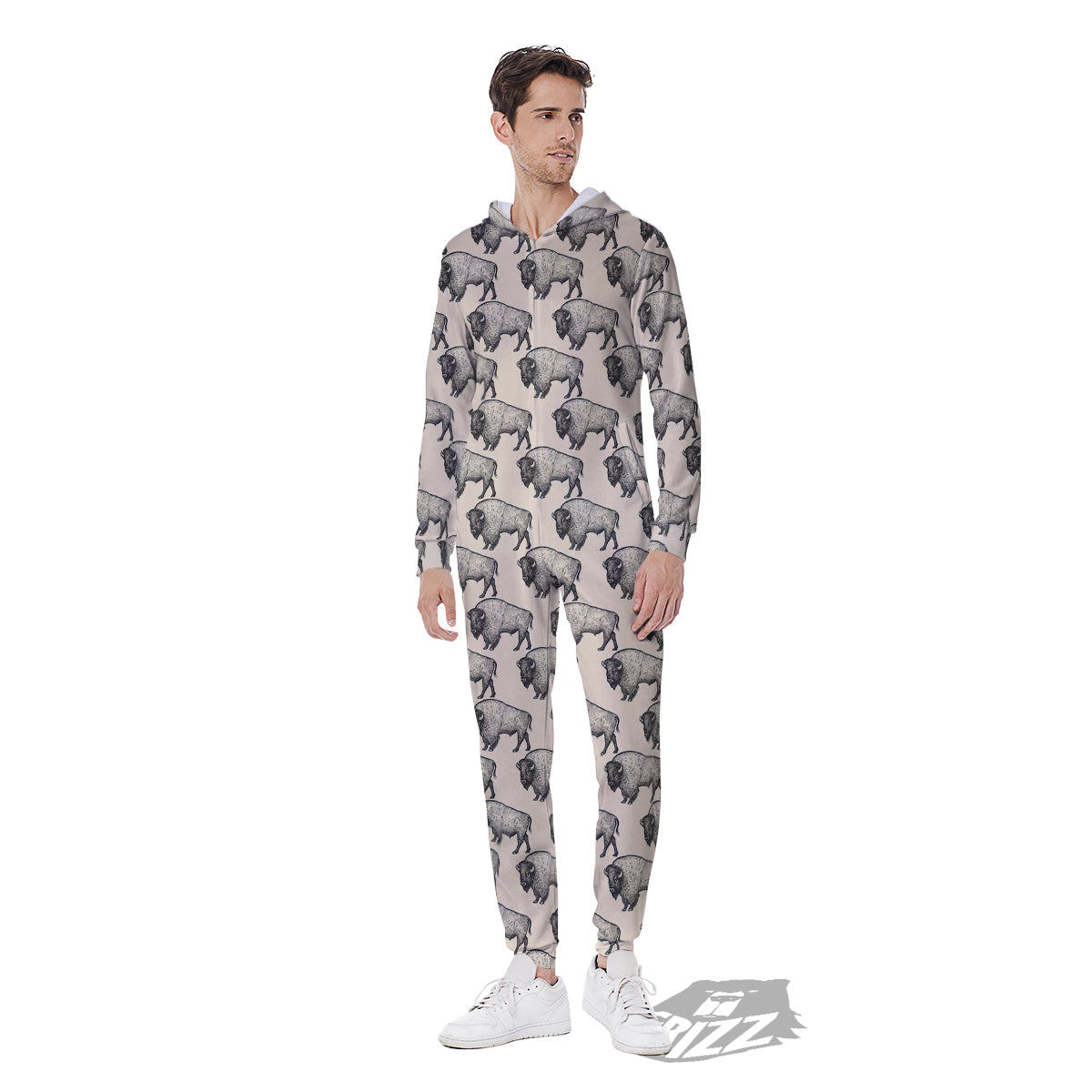 Bison Beige Print Pattern Men's Jumpsuit-grizzshop