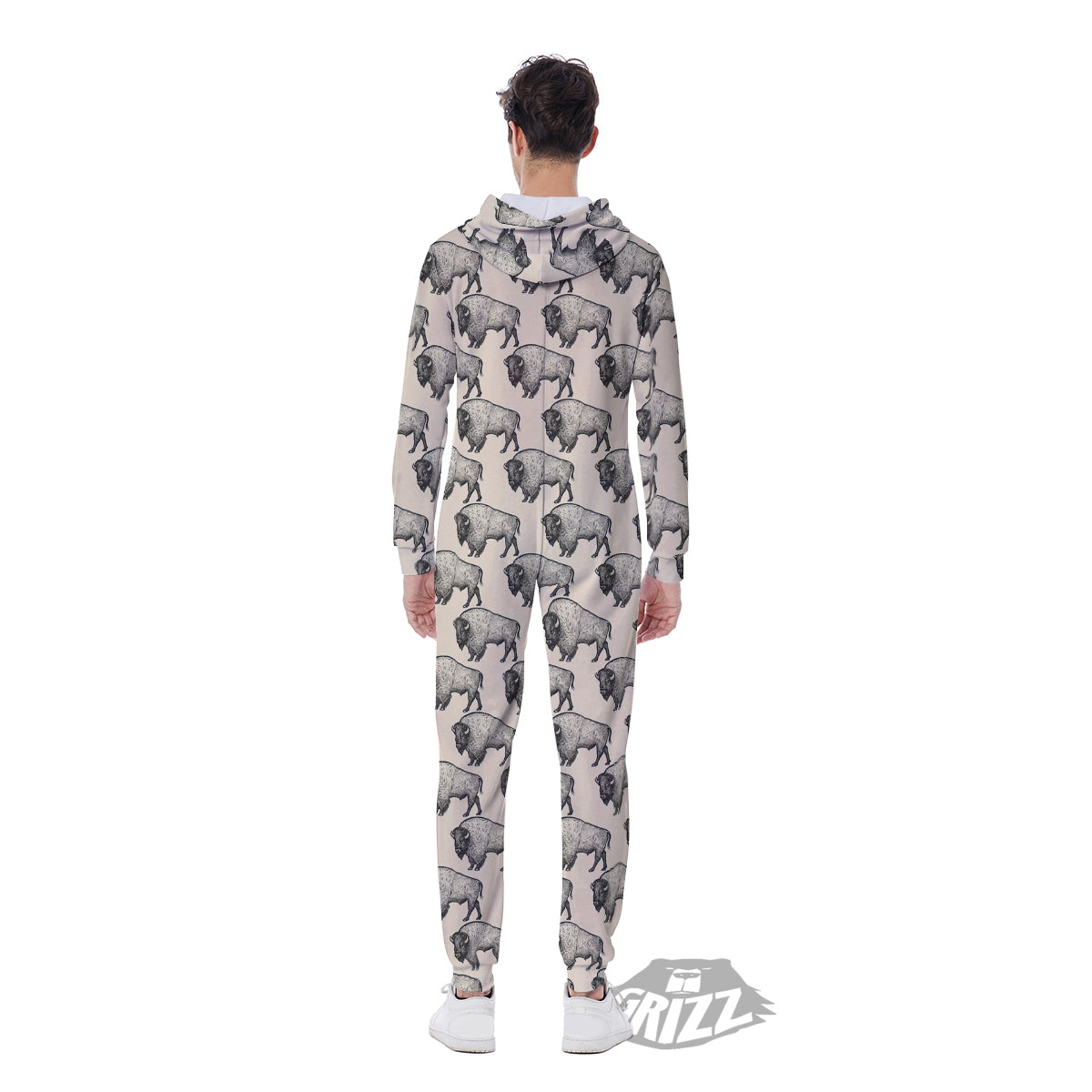 Bison Beige Print Pattern Men's Jumpsuit-grizzshop