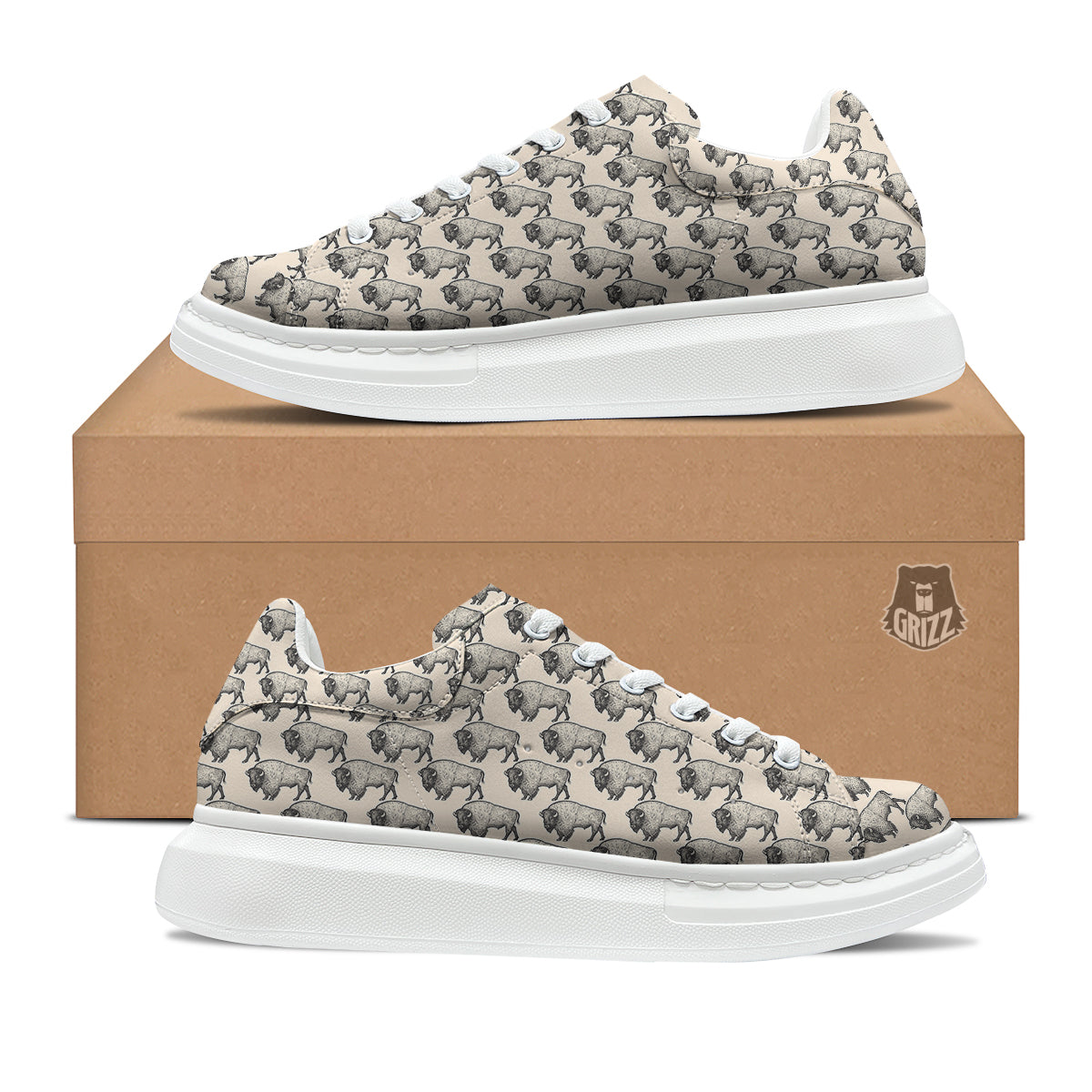 Bison Beige Print Pattern Platform Shoes-grizzshop