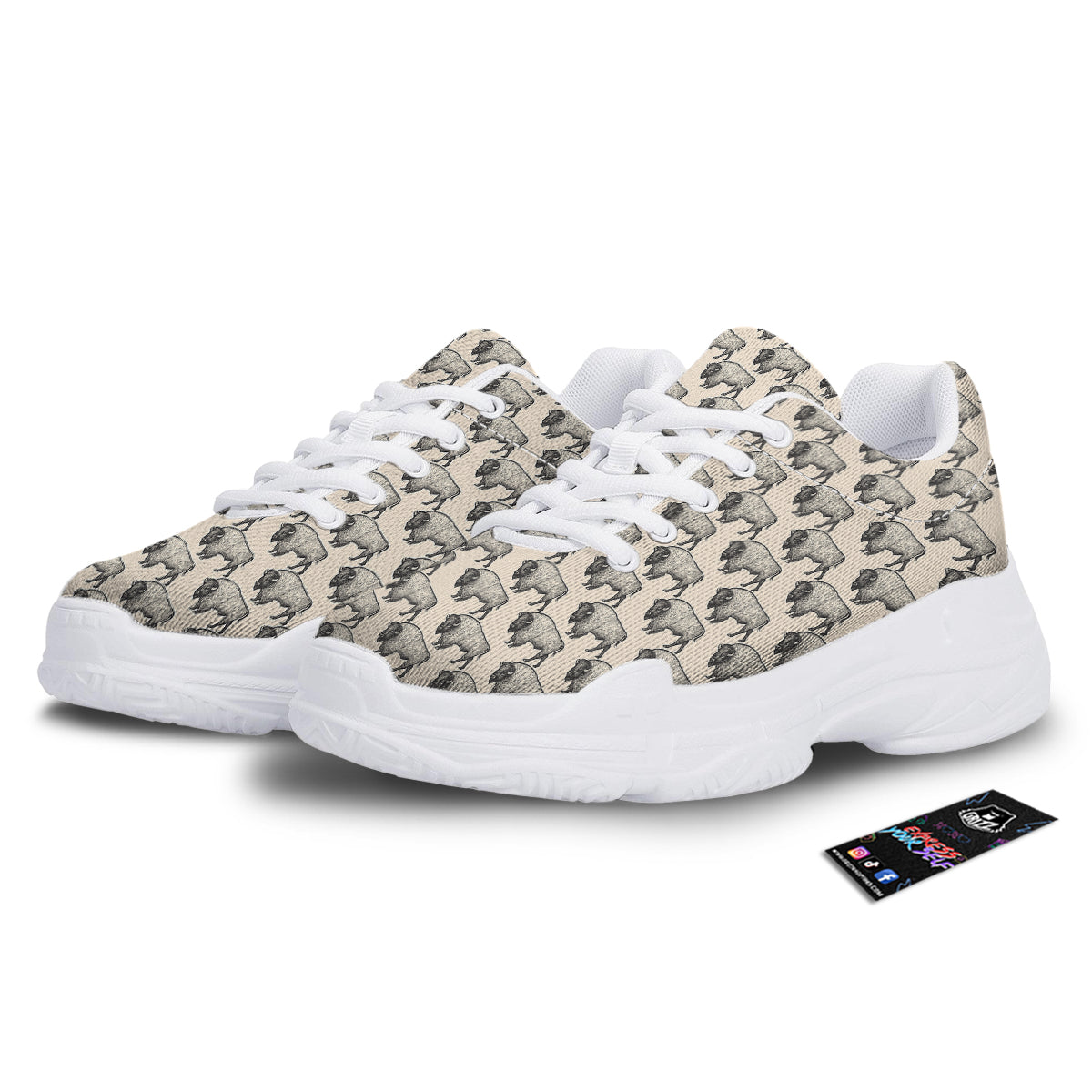 Bison Beige Print Pattern White Chunky Shoes-grizzshop