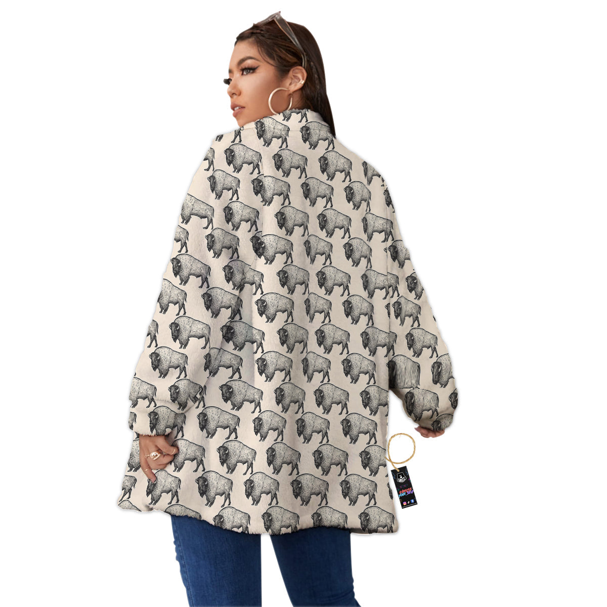Bison Beige Print Pattern Women's Sherpa Jacket-grizzshop