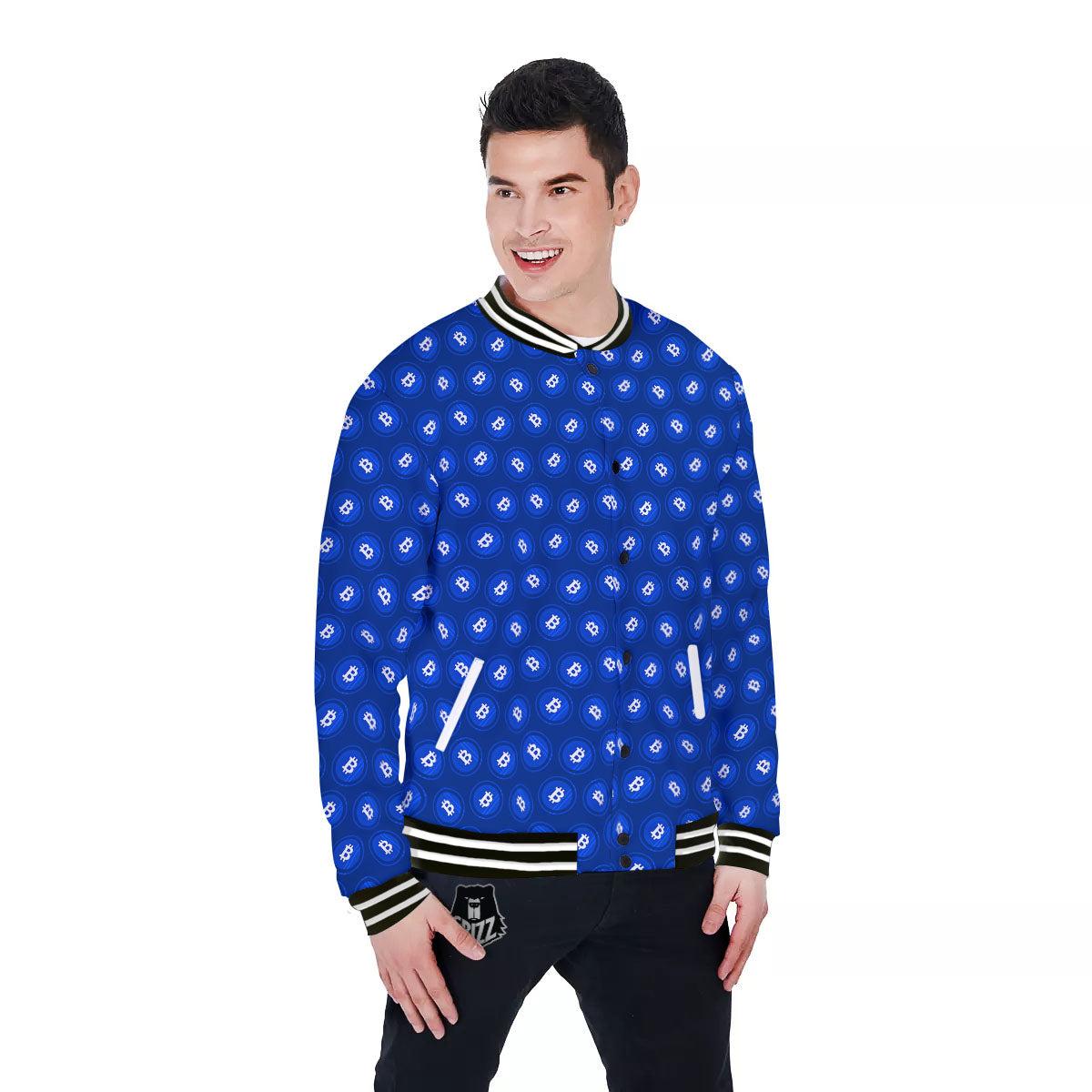 Bitcoin Blue Print Pattern Baseball Jacket-grizzshop