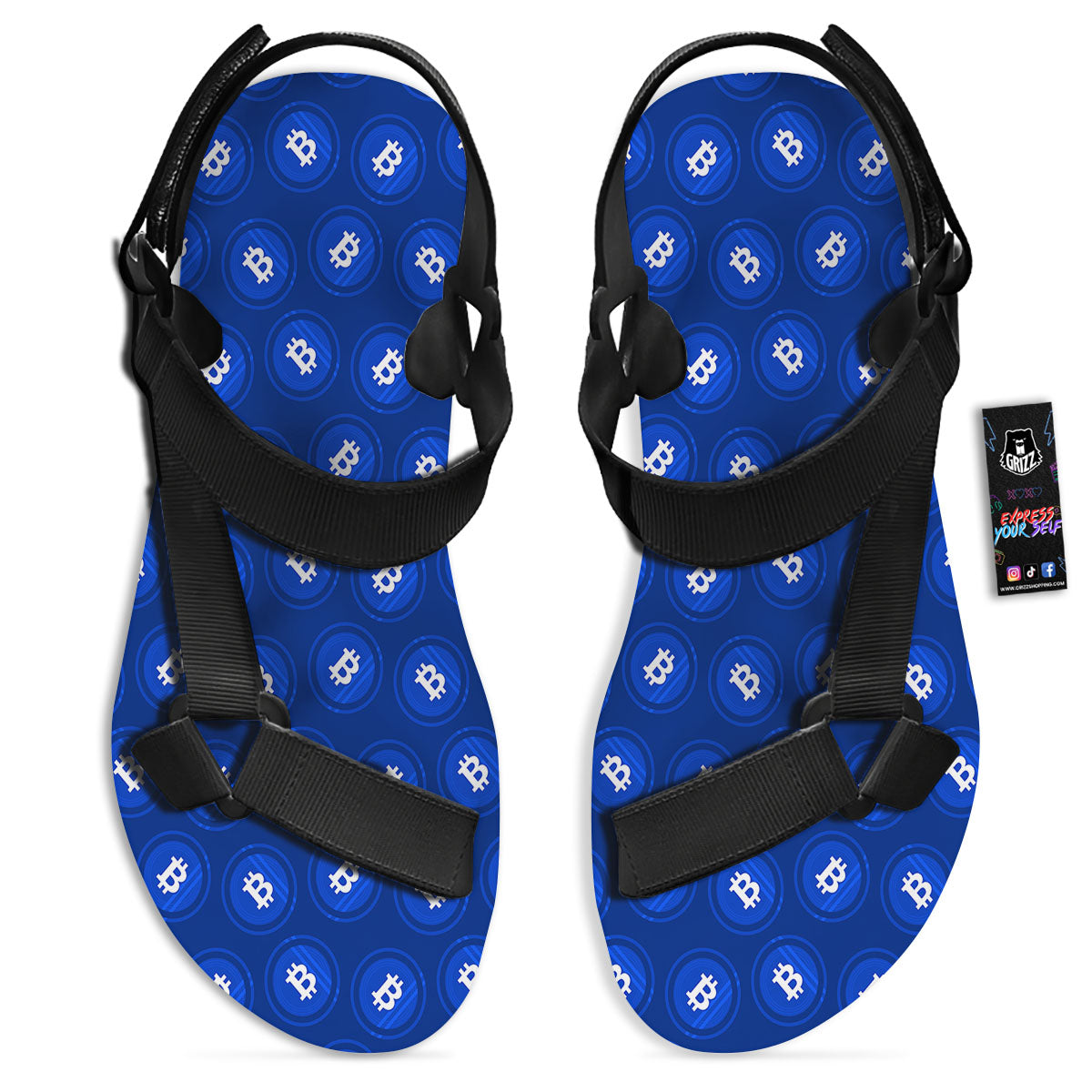 Bitcoin Blue Print Pattern Black Open Toe Sandals-grizzshop