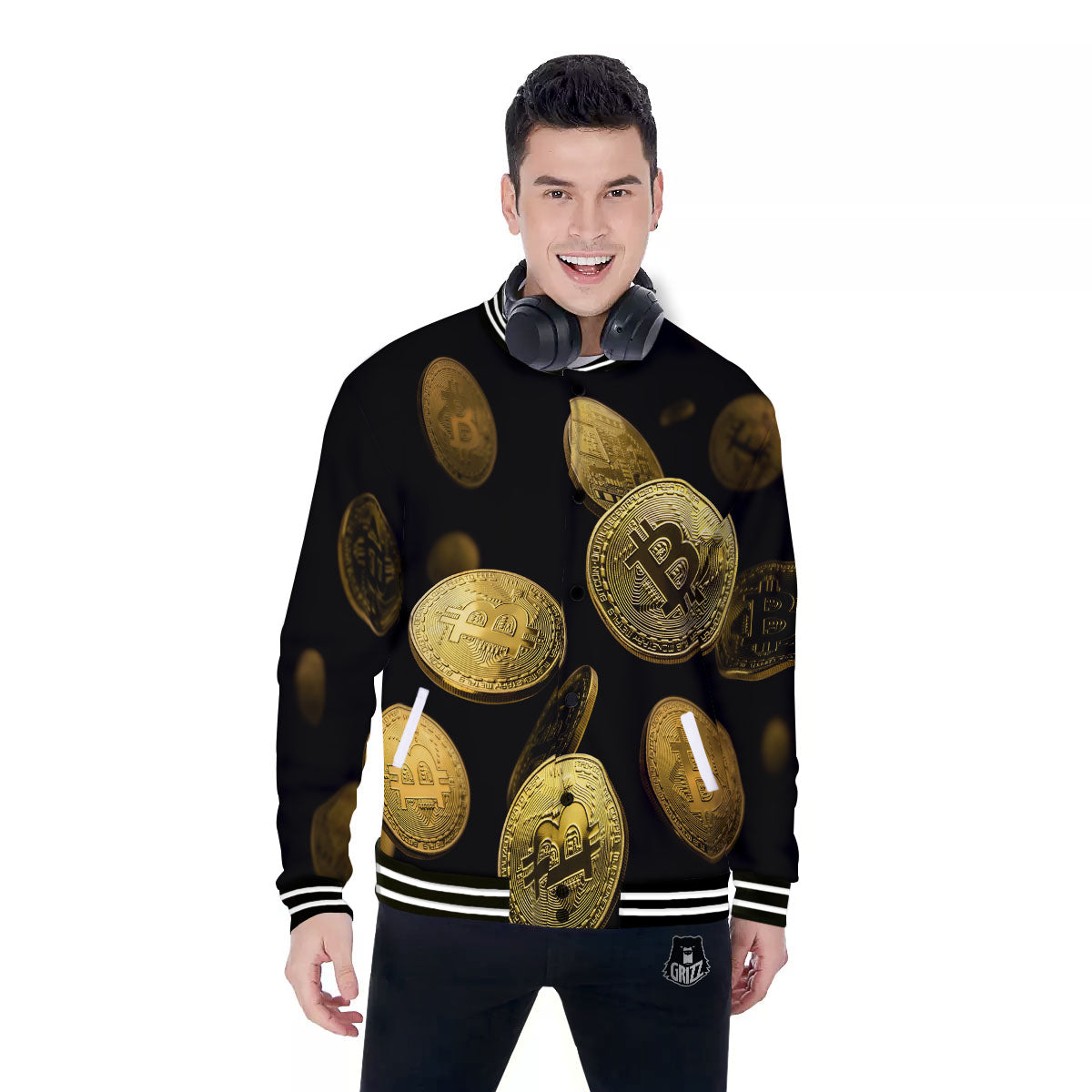Bitcoin Falling Print Baseball Jacket-grizzshop